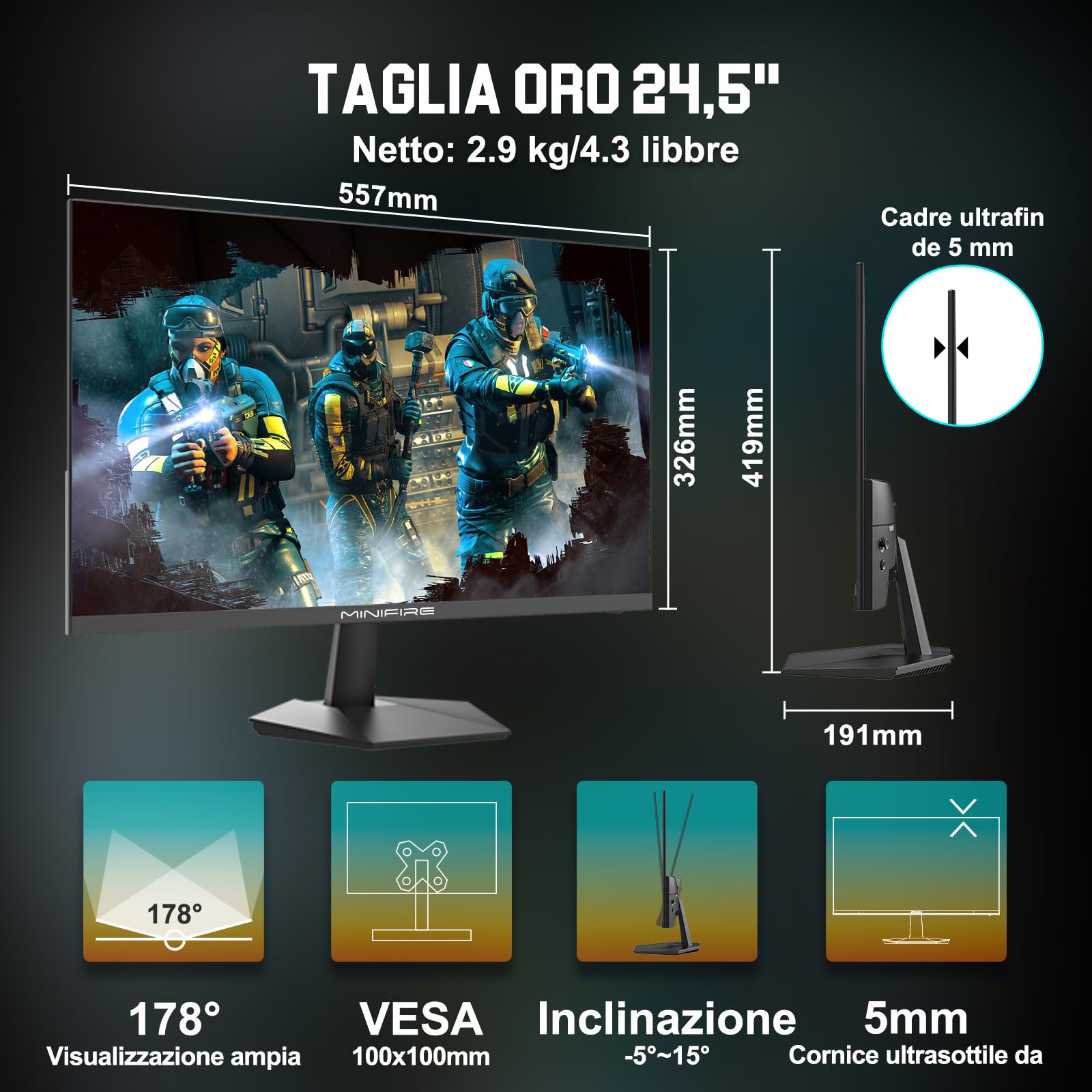 Minifire Monitor Gaming 24.5 Pollici 300Hz, 1ms, Full HD Schermo Senza Cornice, IPS Pannello, Adaptive Sync, HDR, Eye-Care, HDMI2.0 & DisplayPort1.4, VESA75x75, 178°, -5°–15° Inclinazione Regolabile