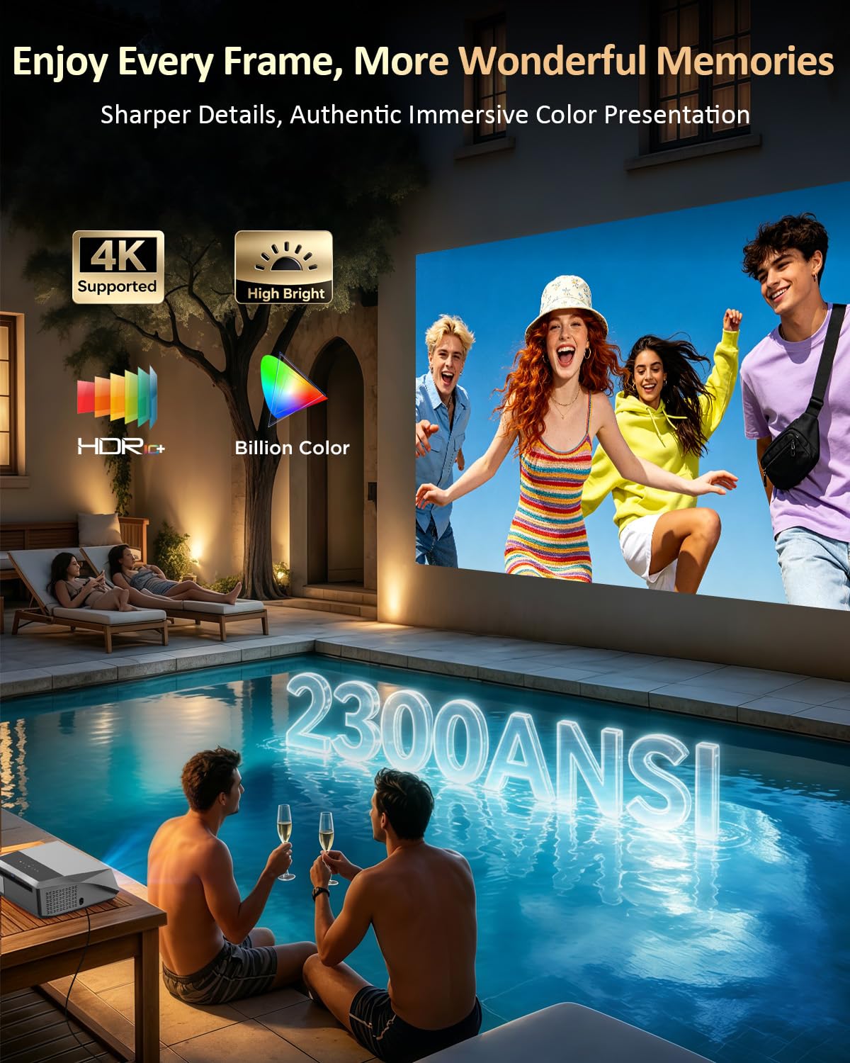Inteligentny projektor LED 4K HDR WiFi 6 Bluetooth DB Audio, 2300ANSI projektory do gier filmowych w ciągu dnia, 4K Ultra HD, kino domowe, sufitowe, z automatyczną ostrością, Keystone, Zoom, Airplay