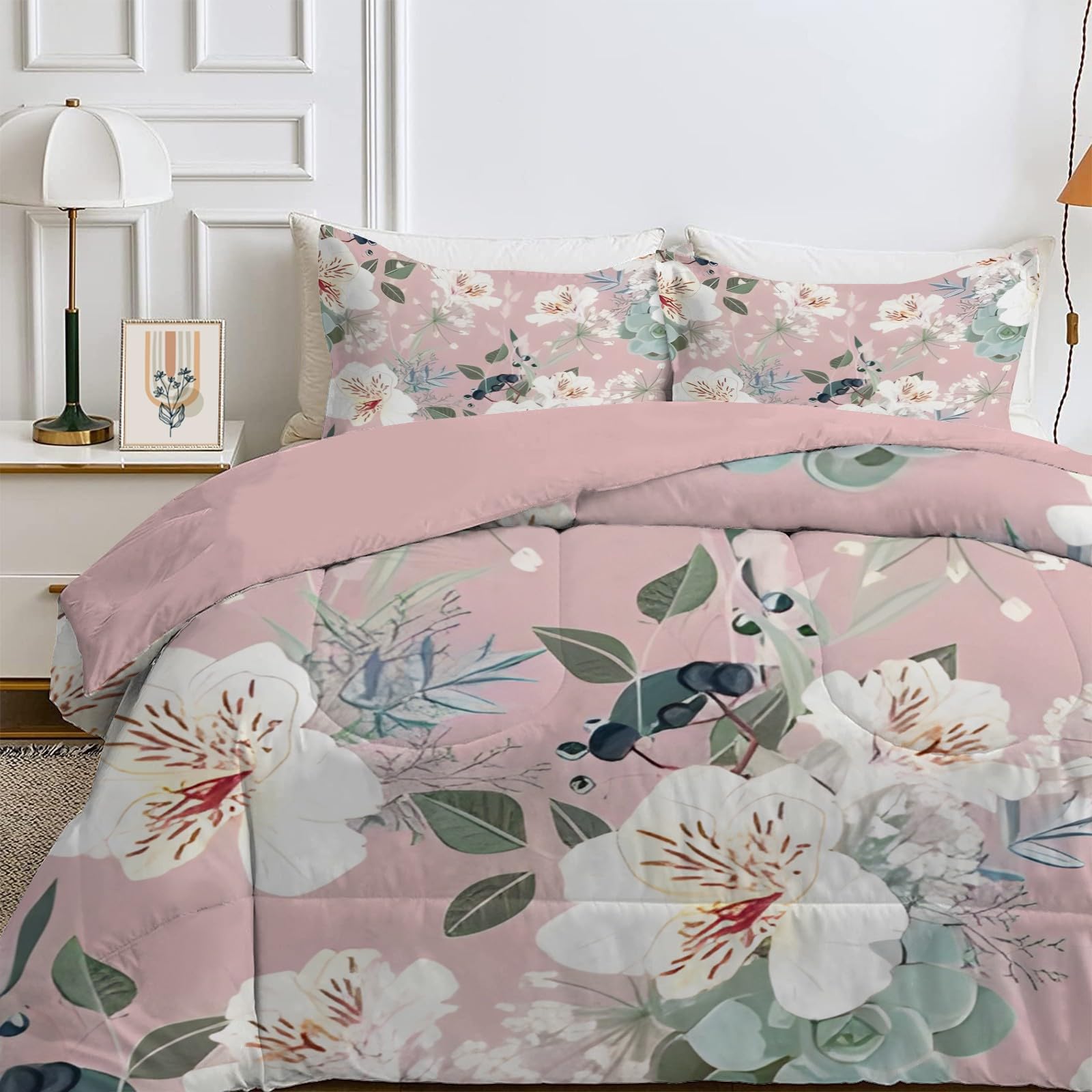 Qiwagu Pink Queen Size Duvet, Quilt 7.5 Tog Ideal For Summer & Autumn, Reversible Coverless Duvet With Flowers Pattern, Lightweight Soft Comforter With 2 Pillowcases, 228X228cm, Machine Washable