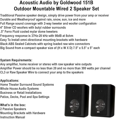 Miniatura 7 de Acoustic Audio 151B - Altavoces de 2 vías para interiores y exteriores, 600 vatios, par negro