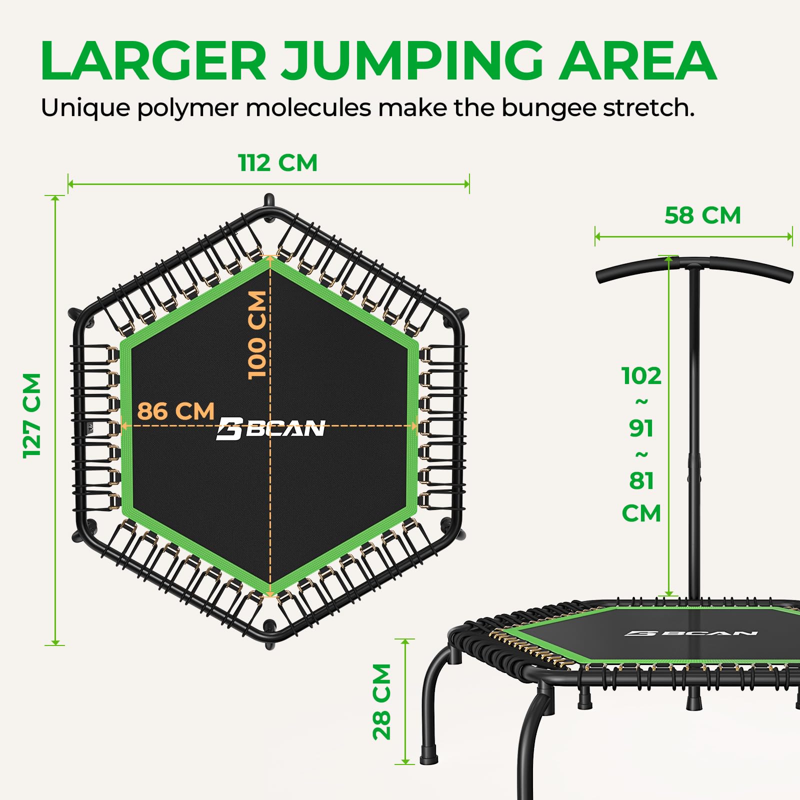 Trampolina wewnętrzna BCAN Fitness, średnica 102/122 cm, mini trampolina bungee/sprężynowa, odpowiednia dla osób dorosłych o wadze do 204/250 kg, z regulowanymi uchwytami, cicha i niskowibracyjna.