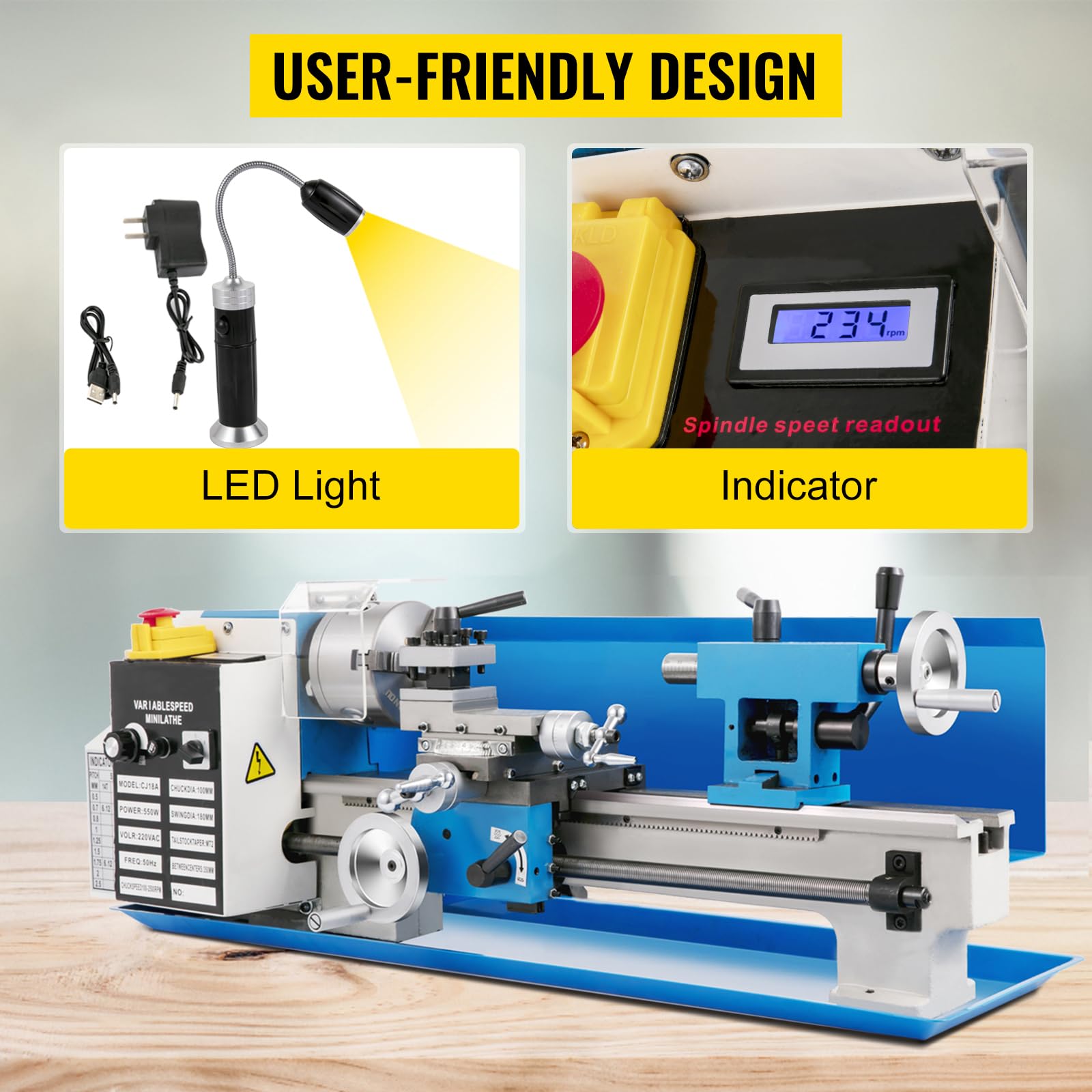 550W Mini Torno Paralelo de Metal 180x350mm de Alta Precisión con Portabrocas de 3 Mordazas y Velocidad de Husillo 50-2500 rpm para Roscado, Torneado y Taladrado (Engrane Metálico)