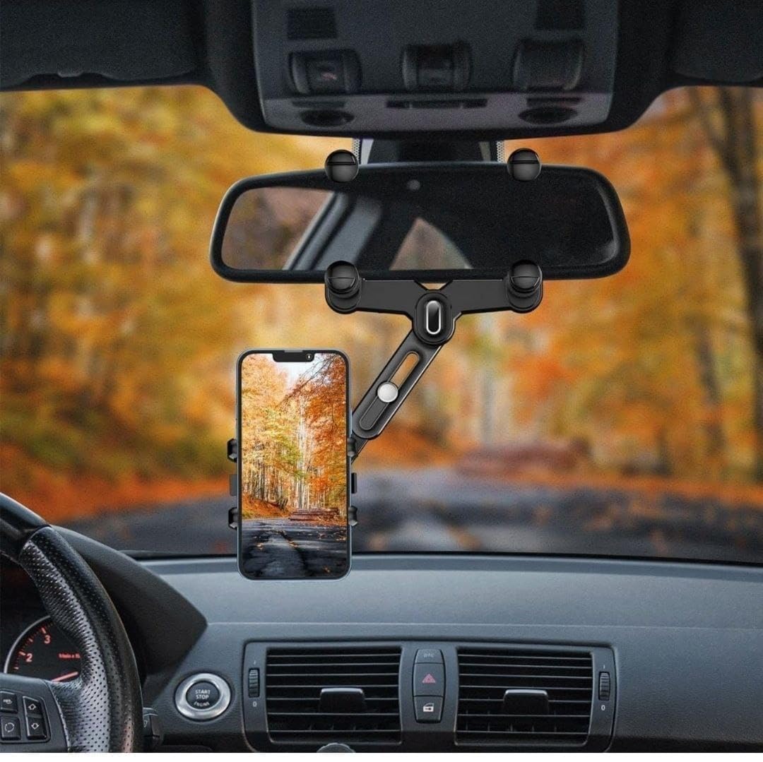 360°Rotatable & Retractable Car Phone Holder |Anti Shake Fall Prevention | Anti-Vibration Pads | Car Rearview Mirror Universal Adjustable Arm & Angle Cradles Mount Desk for All Mobile Phones (A++)-image-31