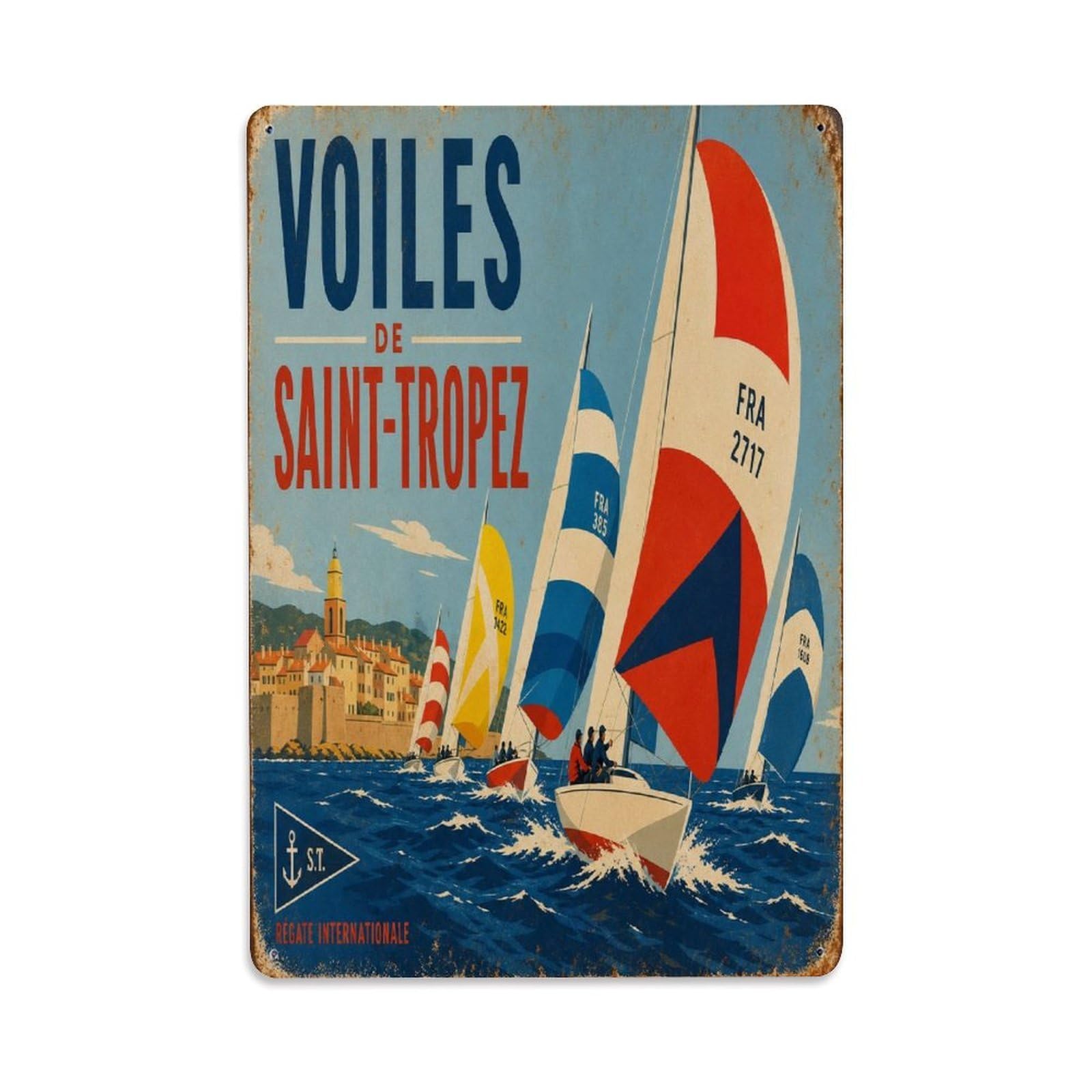 France Harbor Maritime Vintage Dockside Heritage Metal Tin Sign Plaque Wall Decor for Cafe, Man Cave, Club Bar, Office, Home Garden Round Metal Poster 8x12Inch