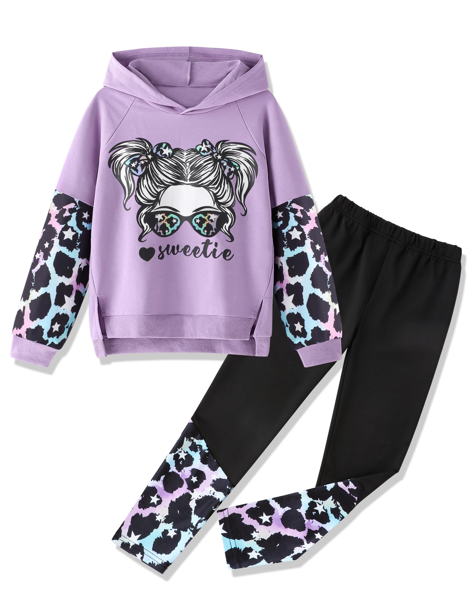 Gaupafmb Girls Clothes Cool Girl Print Tie Dye Hoodie Pullover Sweatshirt Leggings 2PC Outfits
