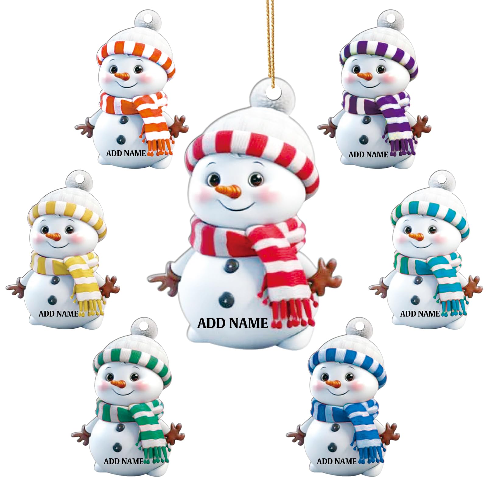 FCLYDER Personalized Cartoon Snowman Decoration 7 Pcs Custom 2D Flat Snowman Hanging Christmas Ornament 2025 Xmas Tree Wooden Decor Customized Xmas Gift with Name Keepsake for Kids