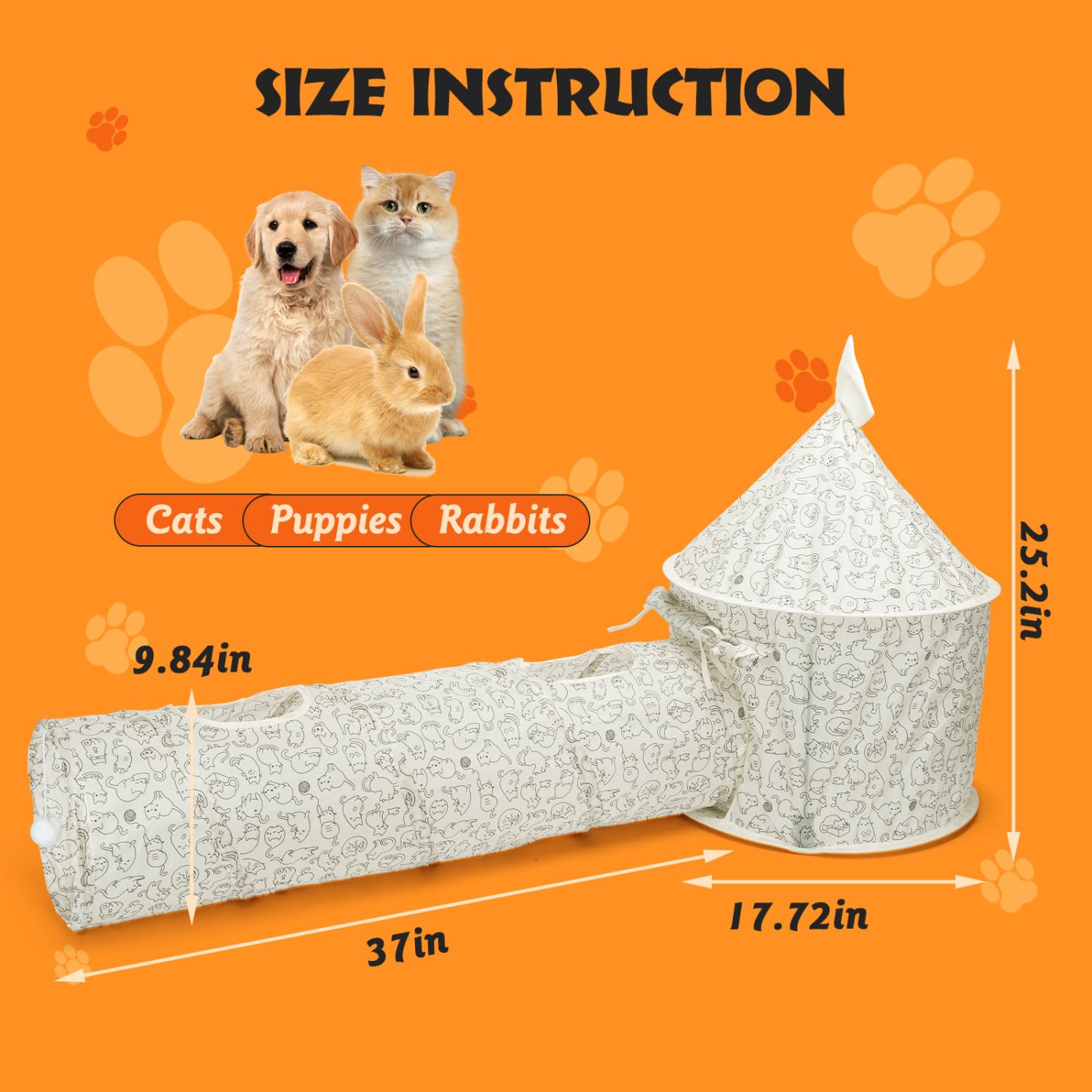 Nobleza - Tunnel per Gatti 2 in 1, Gioco Interattivo con Castello e 2 Sfere Sospese, Tunnel con 2 Fori per Interni ed Esterni, Ideale per Conigli, Cani e Animali Domestici, 24×94 cm & 45×64 cm