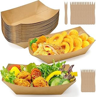 Huucozn 50 Cuencos Desechables para Aperitivos y 200 Tenedores de Madera, Platos de Cartón para Freír, Ideal para Picnic...