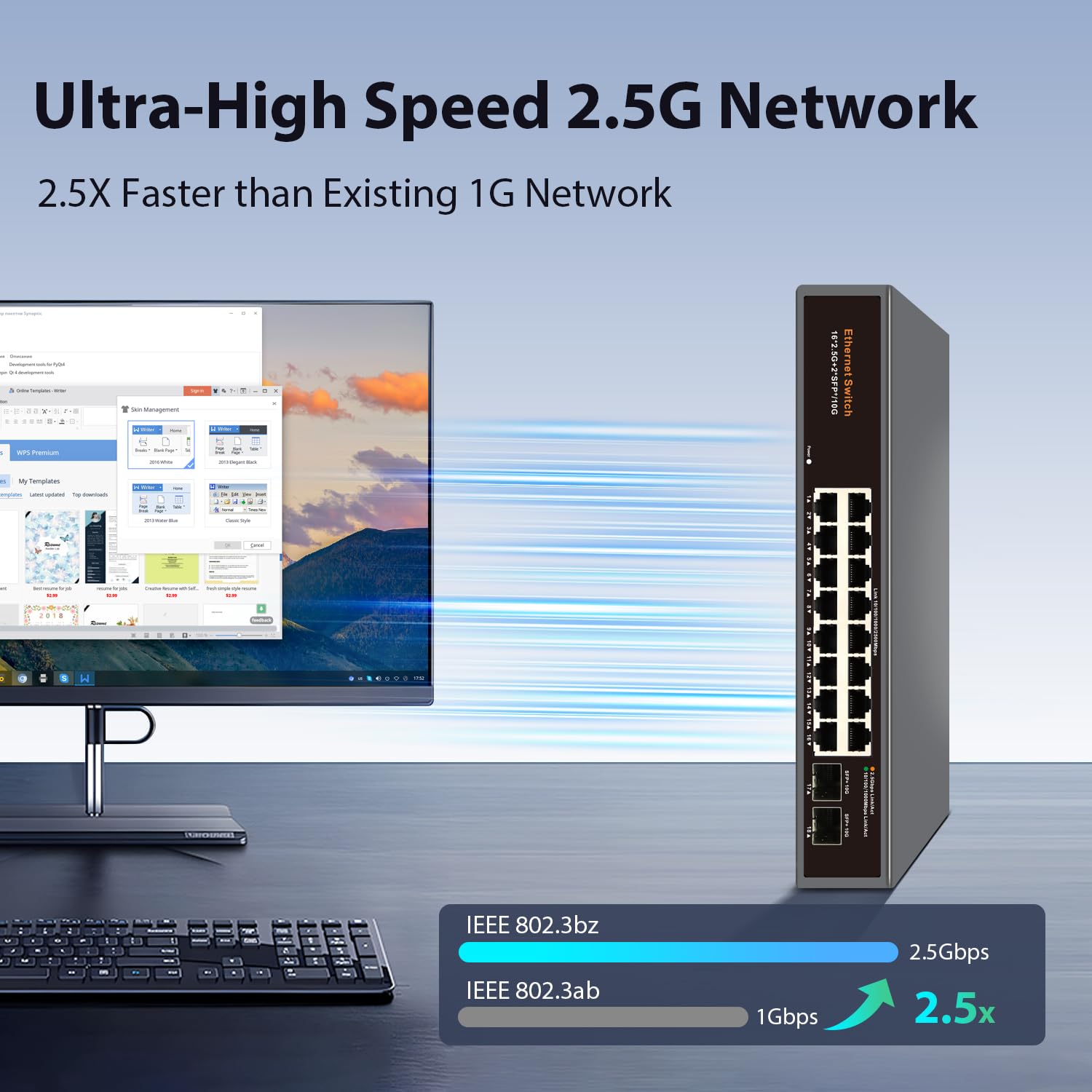 Interruptor Ethernet no administrado de 18 puertos 2.5G, 16 puertos RJ45 de 2.5G, 2 puertos ópticos SFP+ de 10G, compatible con interruptores de red de 100/1000/2500 Mbps, sin ventilador de