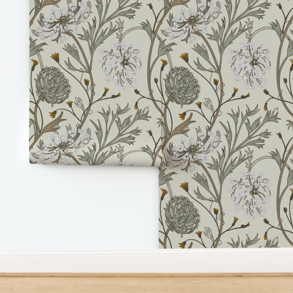 Spoonflower Commercial Grade Wallpaper 27ft x 2ft - Flower Medieval Grass Romantic Dandelion Field Traditional Wallpaper
