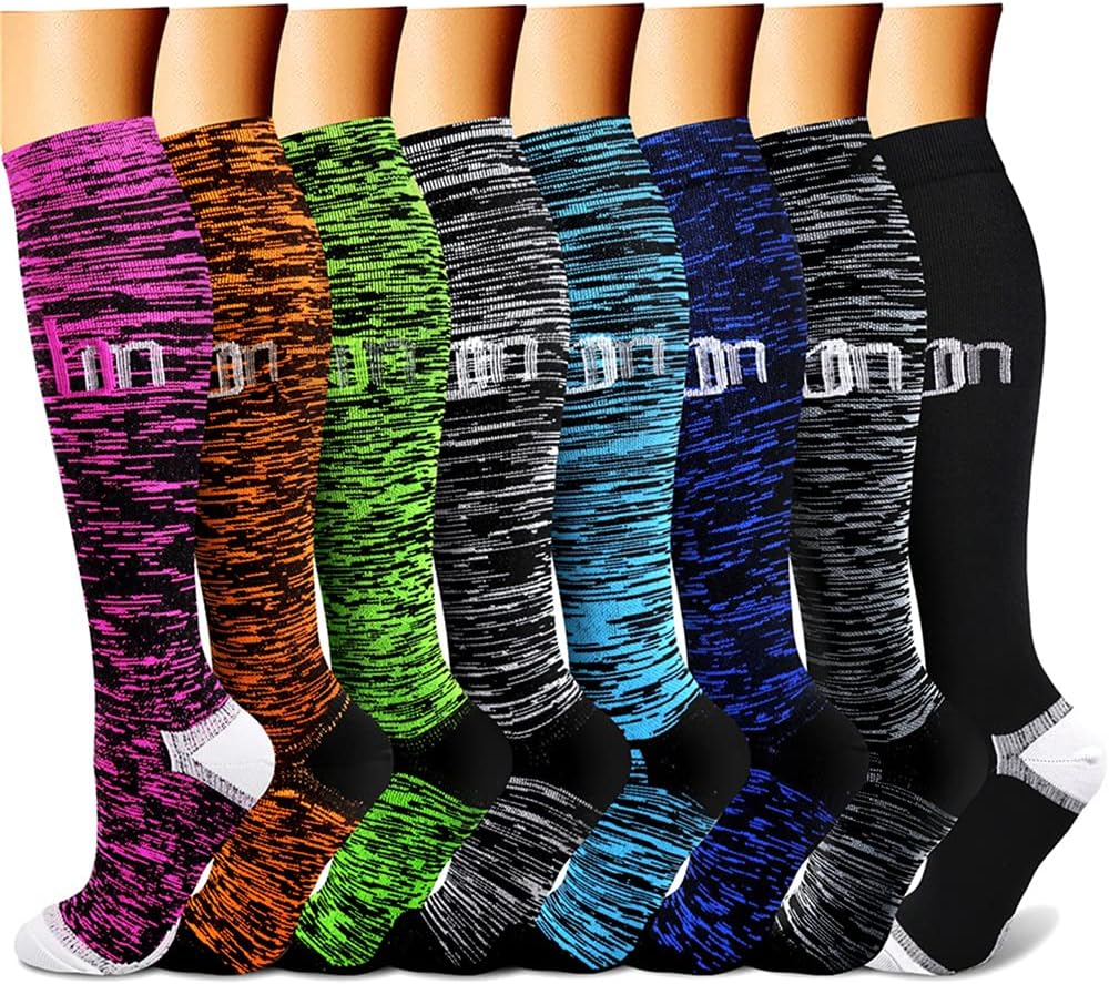 CHARMKING Compression Socks for Women & Men (8 Pairs) 15-20 mmHg Graduated Copper Support Socks are Best for Pregnant, Nurses - Boost Performance, Circulation, Knee High & Wide Calf (S/M, Multi 25)