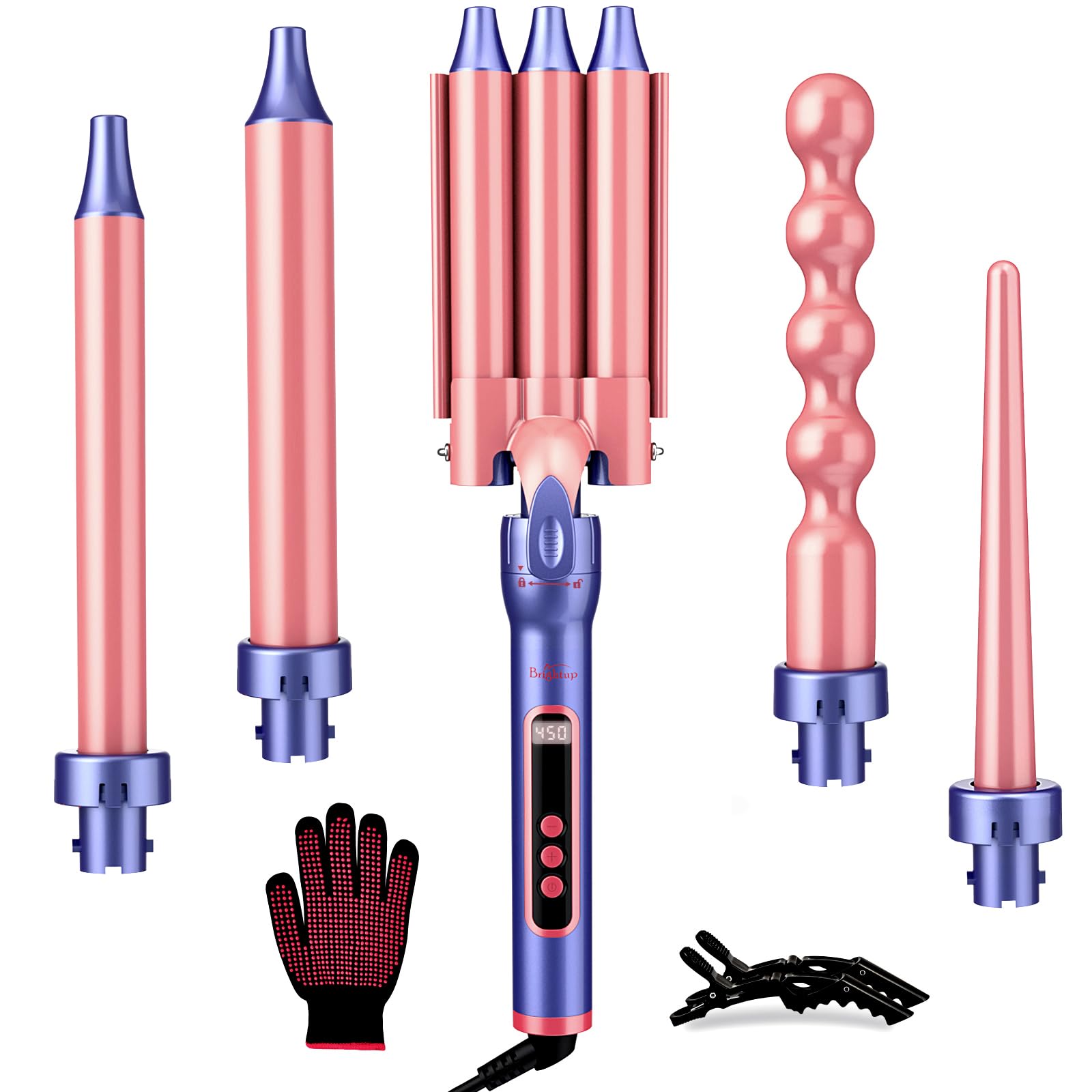 Brightup PRO 5-in-1 Curling Iron Wand with LCD Display Ceramic Hair Waiver Curler with 3 Barrels Negative Ions