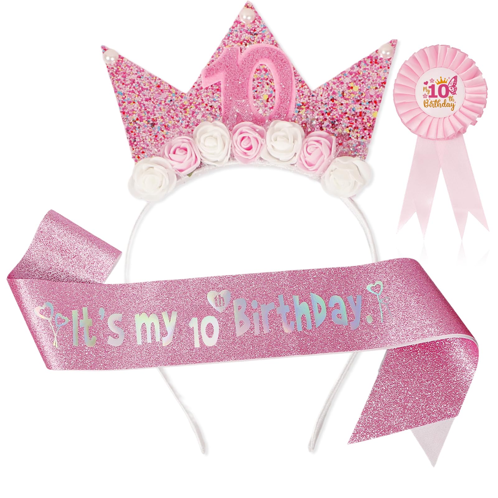Bliceon 10th Birthday Girl Headband Sash and Girl Badge with Pin, 3 Piece Pink Glitter Princess Party Decorations for Girls, Party Supplies, Daughter, Granddaughter, Niece, 10th Birthday Gifts