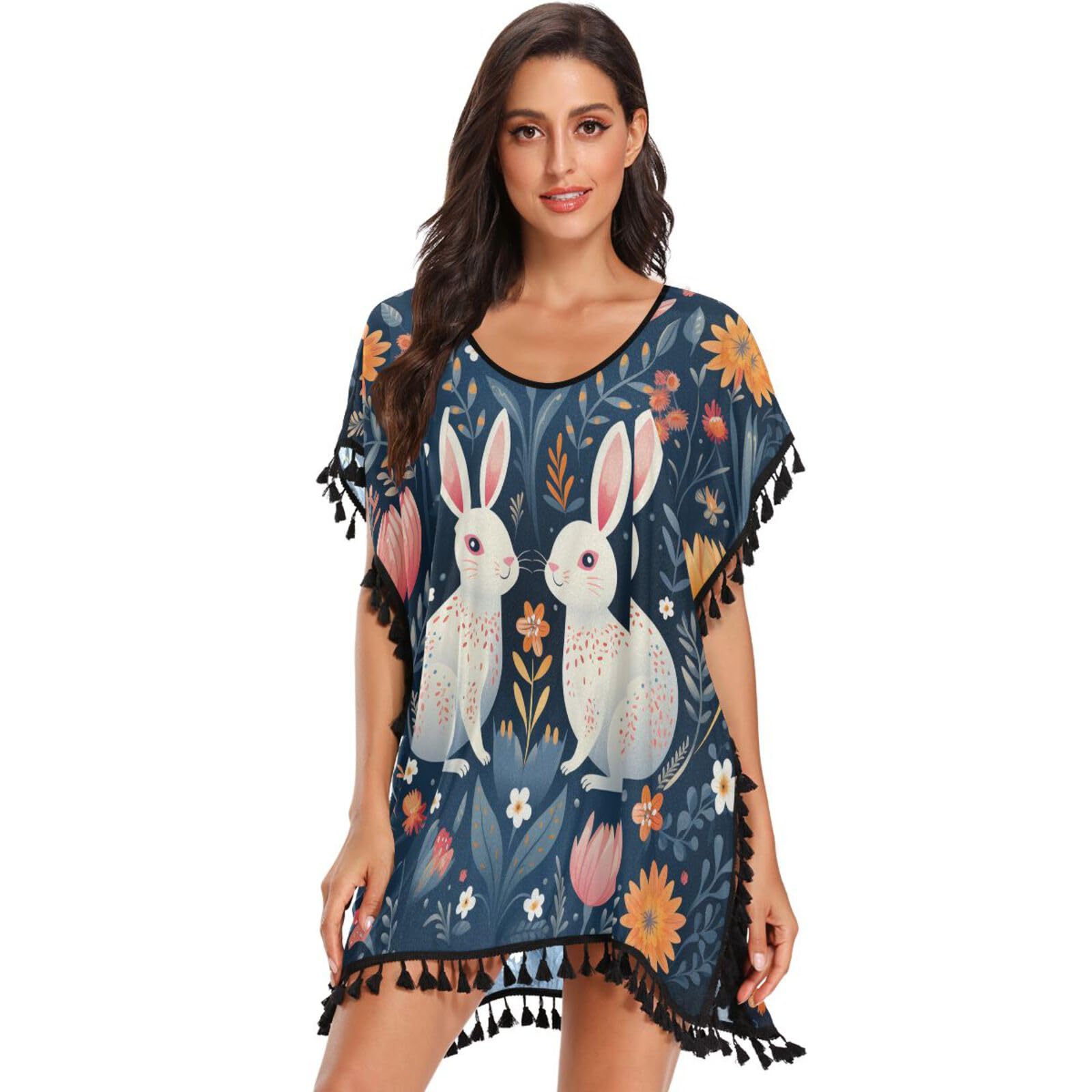 Cute Cartoon Pattern Rabbit Women's Beach Cover Up Chiffon Tassel Swimwear Swimsuit Coverups for Girl