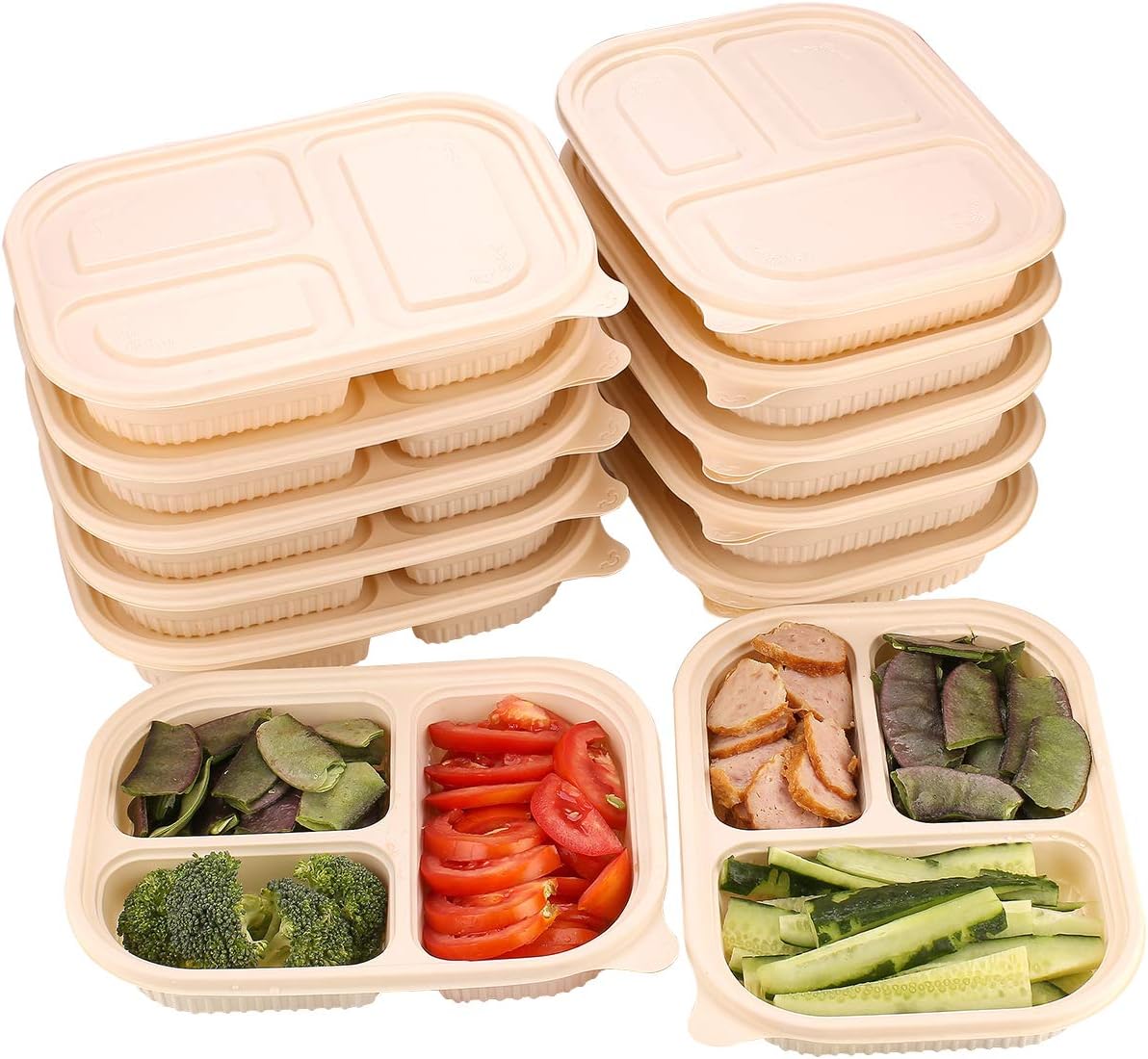 MONICA Eco-friendly Meal Prep Containers 3 Compartment 10Pack Biodegradable Disposable Cornstarch Lunch Box 33oz Heavy Duty Contianer To Go Container,Leak-Proof,Microwaveable Freezer,beige