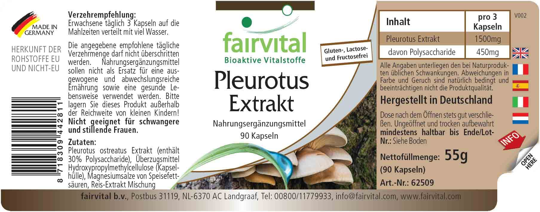 fairvital Estratto di Pleurotus 500 mg, 90 capsule, facili da deglutire, ALTO DOSAGGIO, Pleurotus ostreatus (fungo ostrica), 30% di polisaccaridi, VEGANO