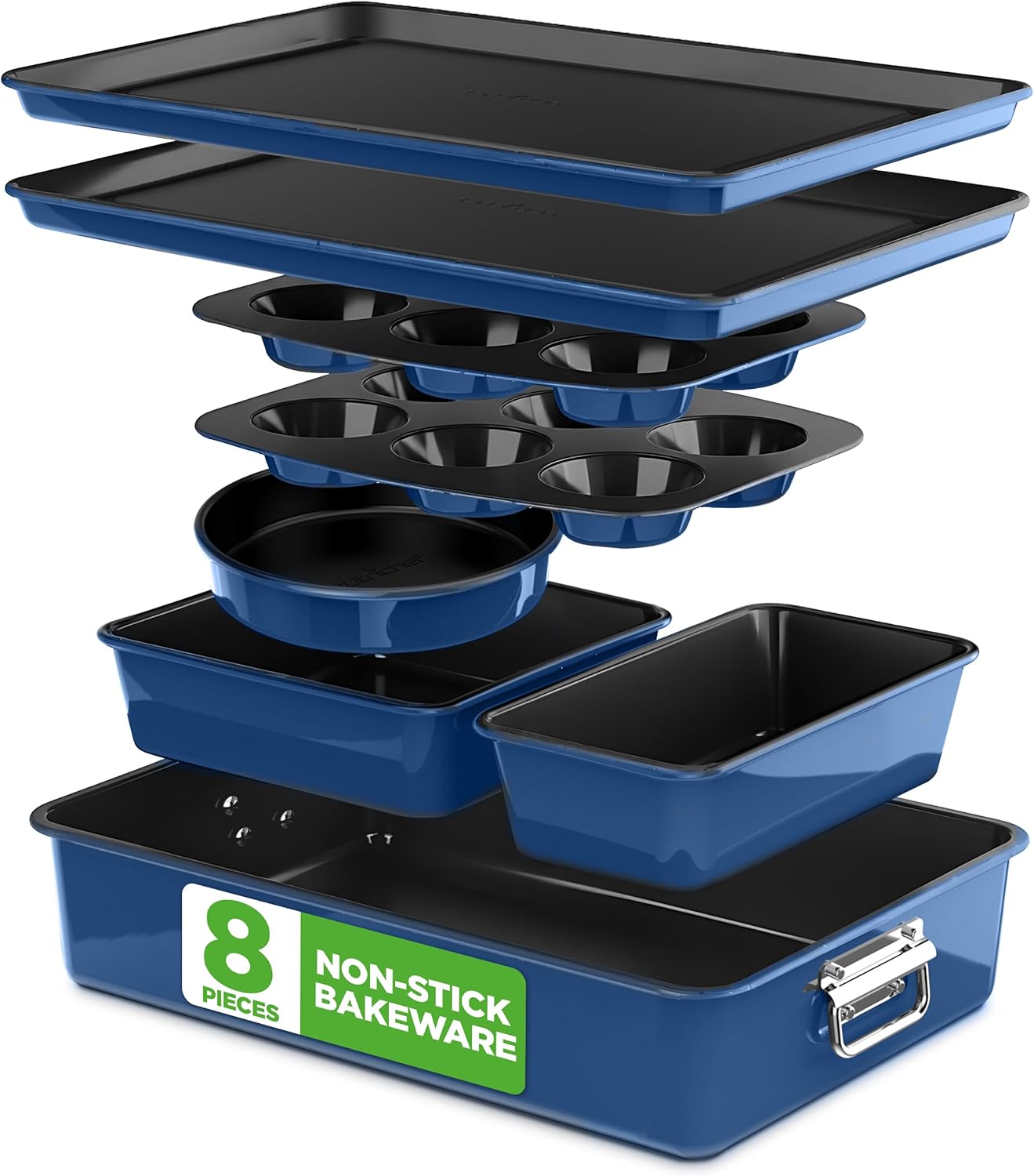 NutriChef 8-Piece Nonstick Stackable Bakeware Set - PFOA/PTFE-Free, 450°F Oven Safe, Muffin/Cake/Loaf Pans & Sheets (Blue)