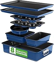 NutriChef 8-Piece Nonstick Stackable Bakeware Set - PFOA/PTFE-Free, 450°F Oven Safe, Muffin/Cake/Loaf Pans & Sheets (Blue)