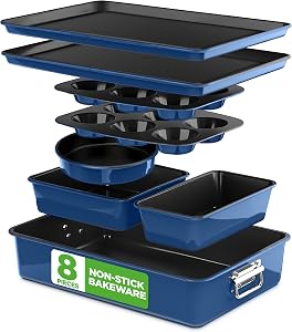 NutriChef Baking Set - Nonstick and PFOA, PTFE Free Bakeware, Stackable and Space Saving Design, 8 Piece Oven Trays for All Your Baking and Cooking Needs, Great for Cakes, Cookies and More
