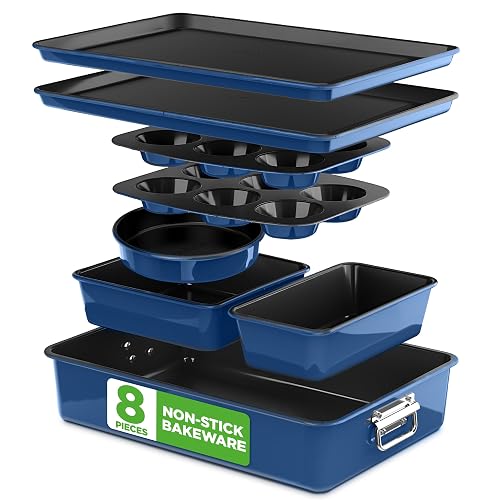 NutriChef 8-Piece Nonstick Stackable Bakeware Set - PFOA, PFOS, PTFE Free Baking Tray Set w/Non-Stick Coating, 450°F Oven Safe, Round Cake, Loaf, Muffin, Wide/Square Pans, Cookie Sheet (Blue)