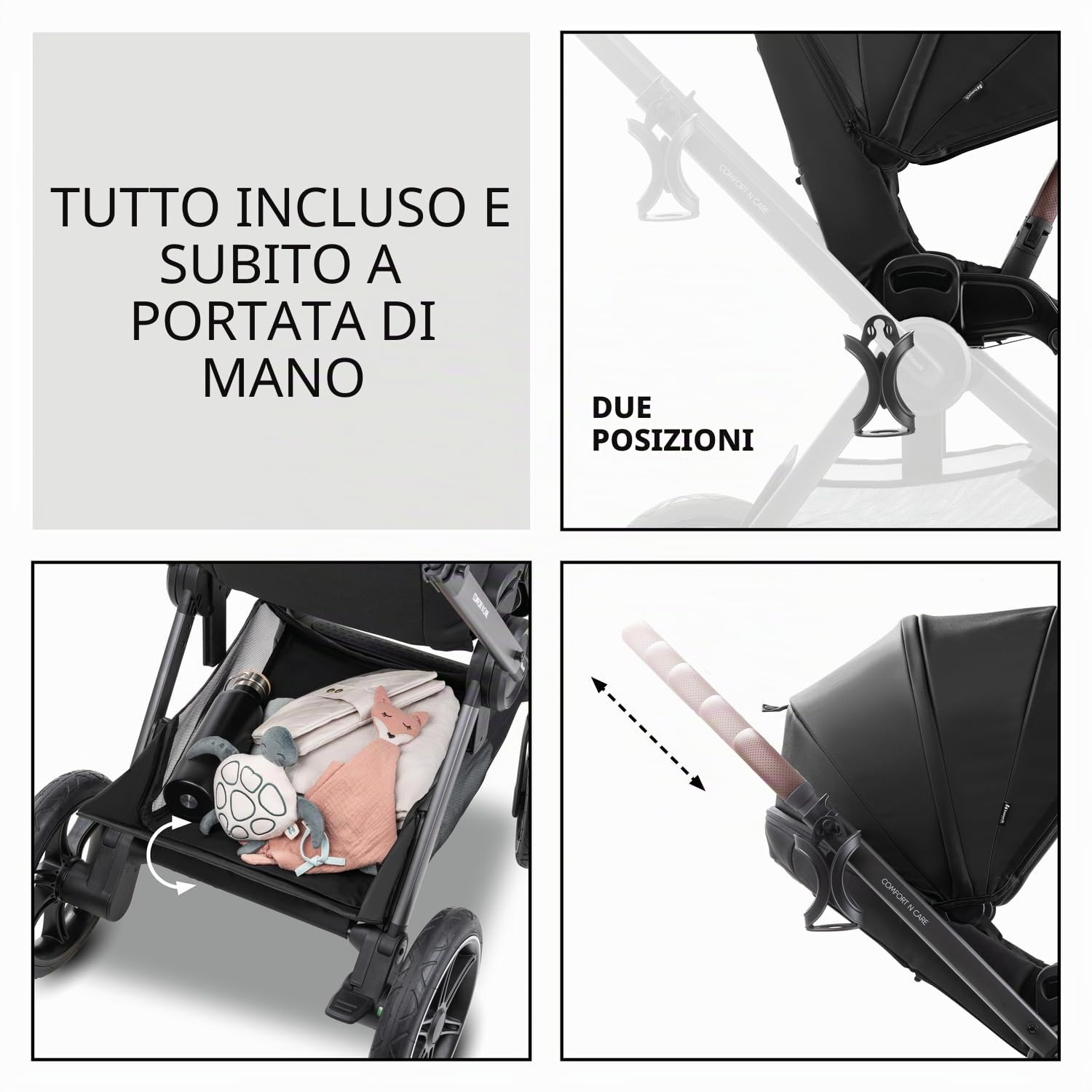 hauck Comfort N Care Set, Black - Passeggino 2in1 con Ruote di Gomma, Navicella Neonato con Pulsanti Memoria, Seduta Reversibile Reclinabile fino a 22 kg, Coprigambe, Portabibite, Sospensione