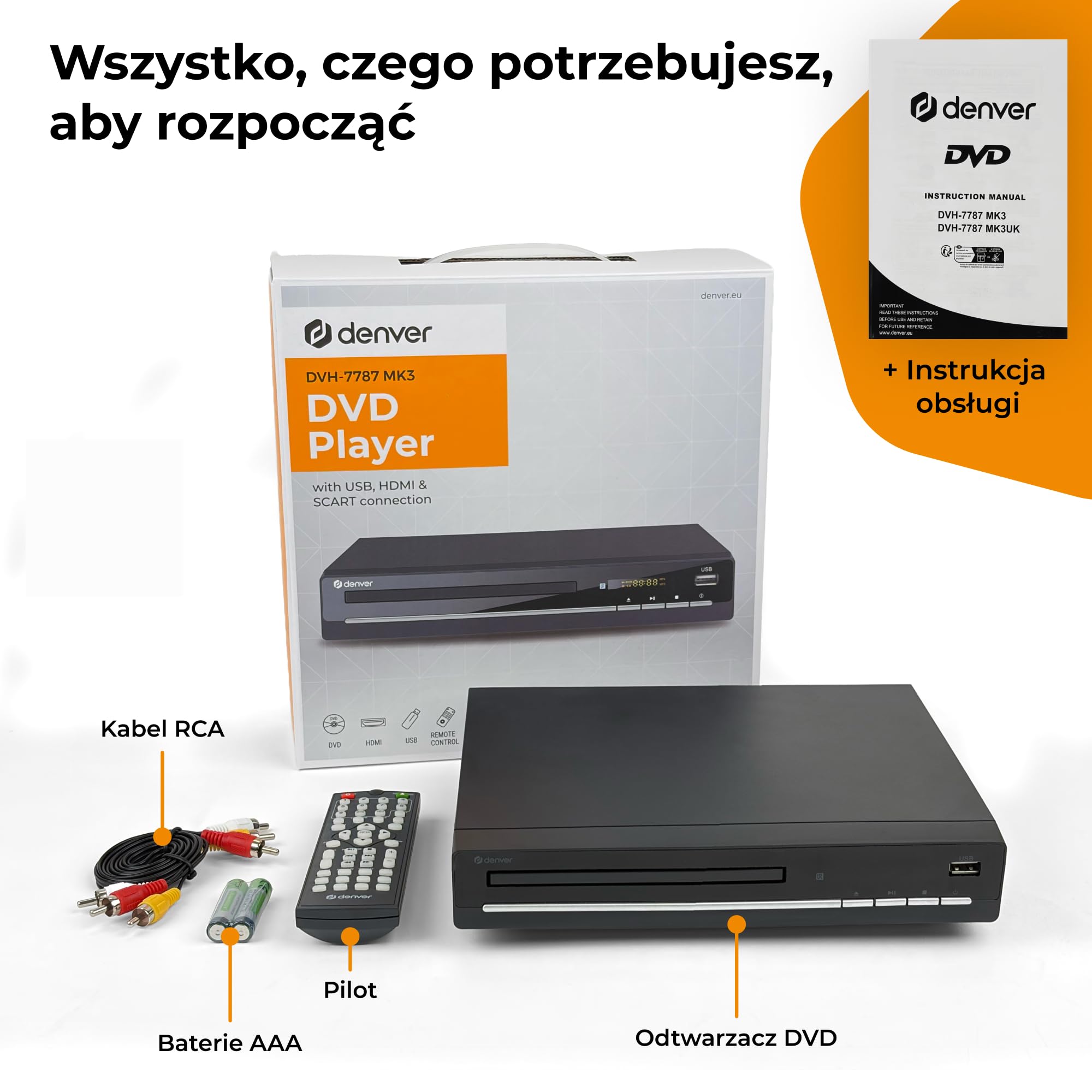 Denver DVH7787 Odtwarzacz DVD Do Telewizora, HDMI, Mini, Wszystkie Regiony, 1080p Upscaling, Dolby Digital, USB, Coax, Scart, Czarny