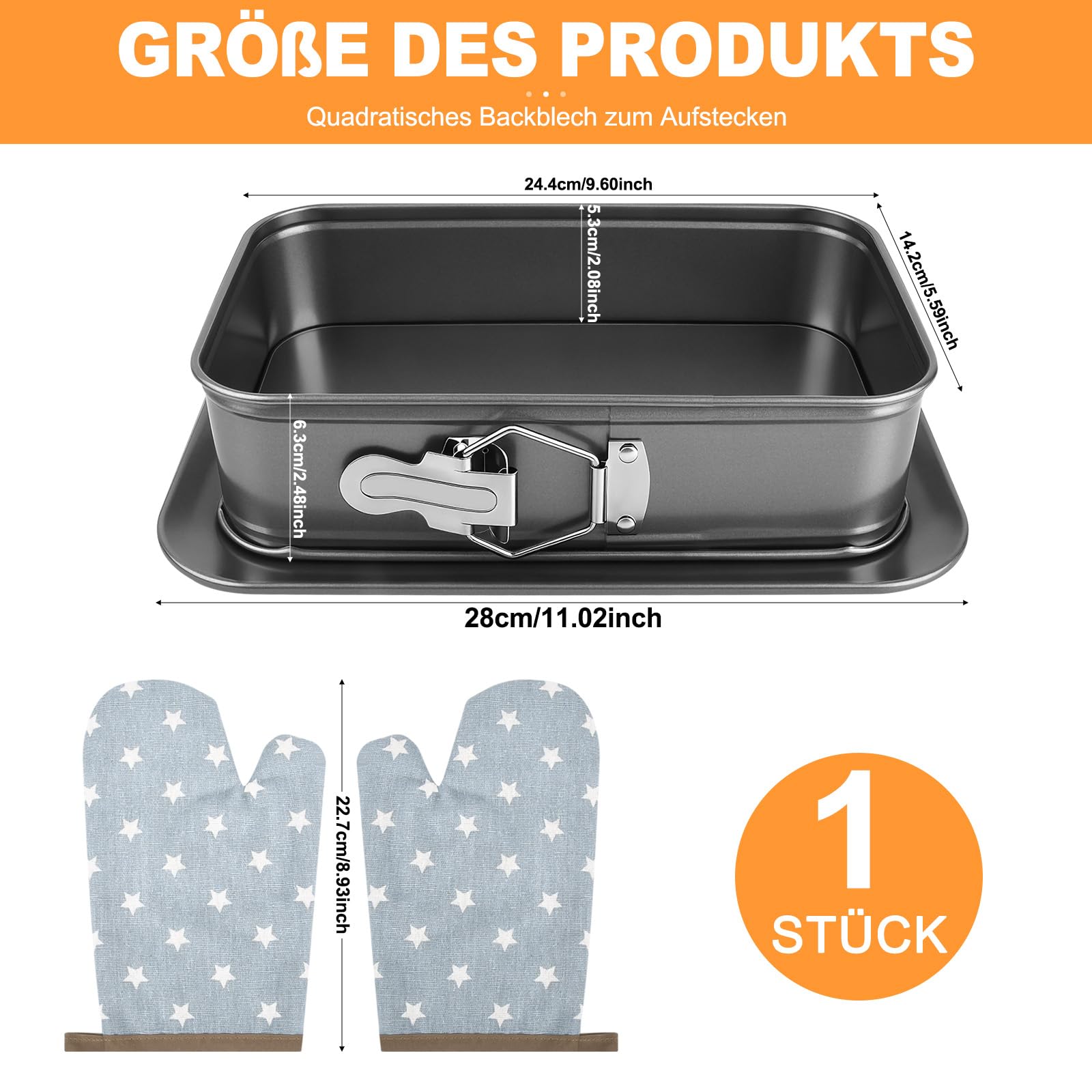 Rechteckige Springform Backform 28x18 cm mit Antihaft-Beschichtung - Inklusive 2 Backhandschuhe - Auslaufsicher und Leicht zu Reinigen - Ideal für Käsekuchen, Tiramisu und Heimbacken