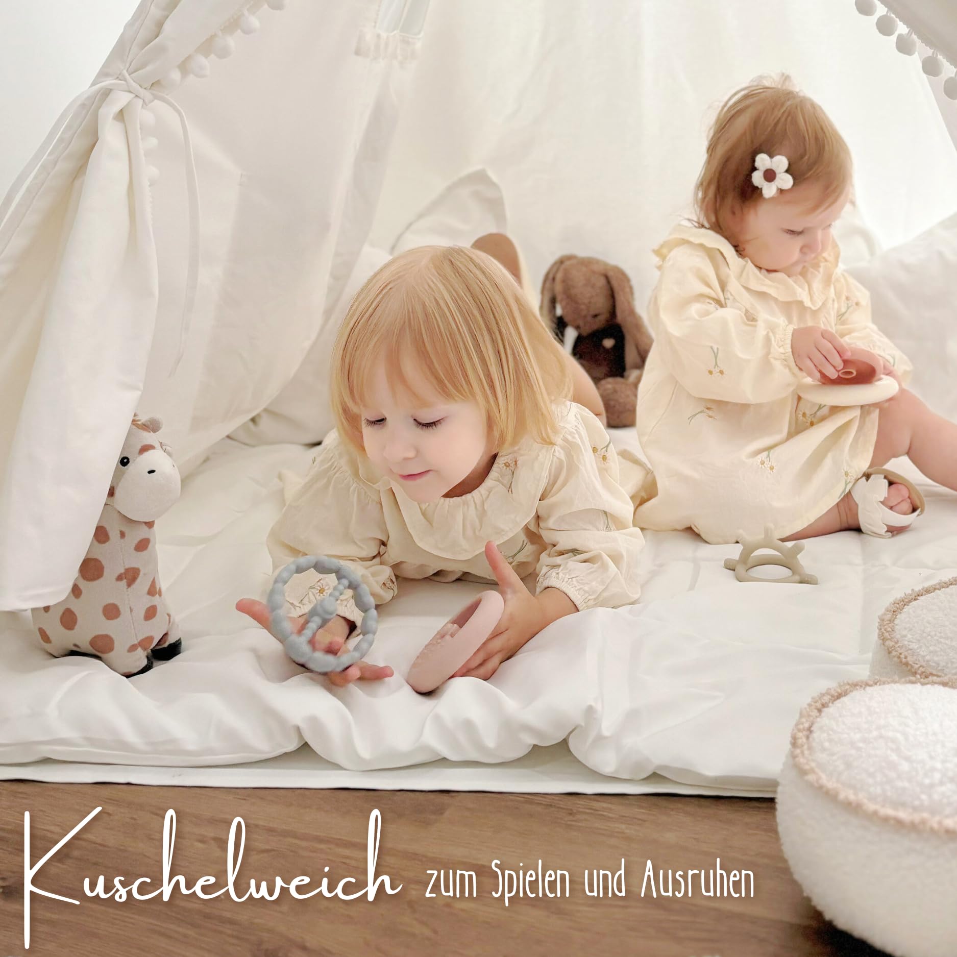 LIONHERZ® Tappetino Tipi con nastri, 120 x 120 cm, coperta imbottita per tenda da gioco/casetta dei giochi, morbida coperta quadrata per bambini, inserto trapuntato/base per legare (bianco brillante)