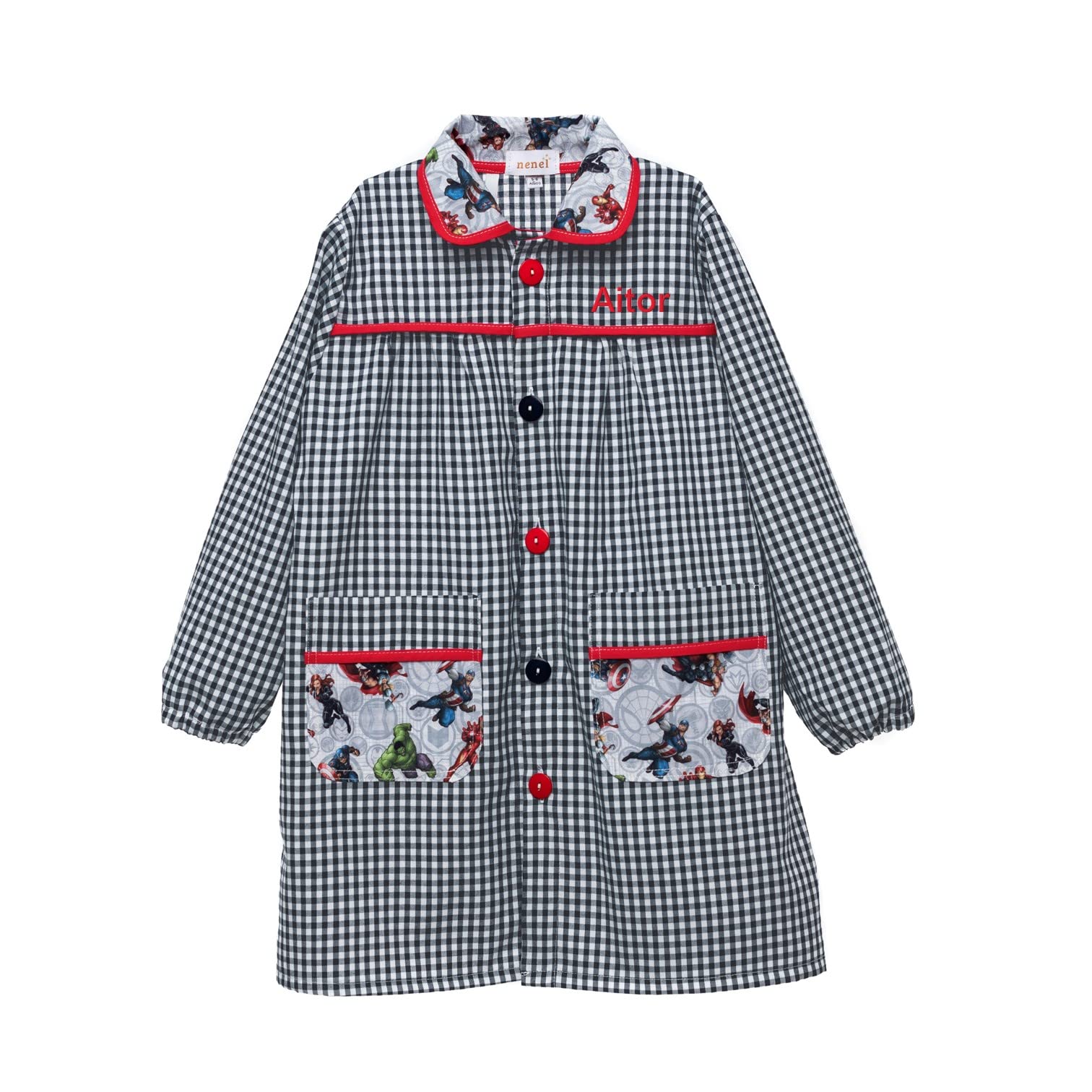 Conjunto Escolar para Colegio o guardería: Mandilón, babi o Bata Escolar + Bolsa merienda Bordado con el Nombre. Modelo Marvel – Nenel (1-2 años, Negro/Rojo)