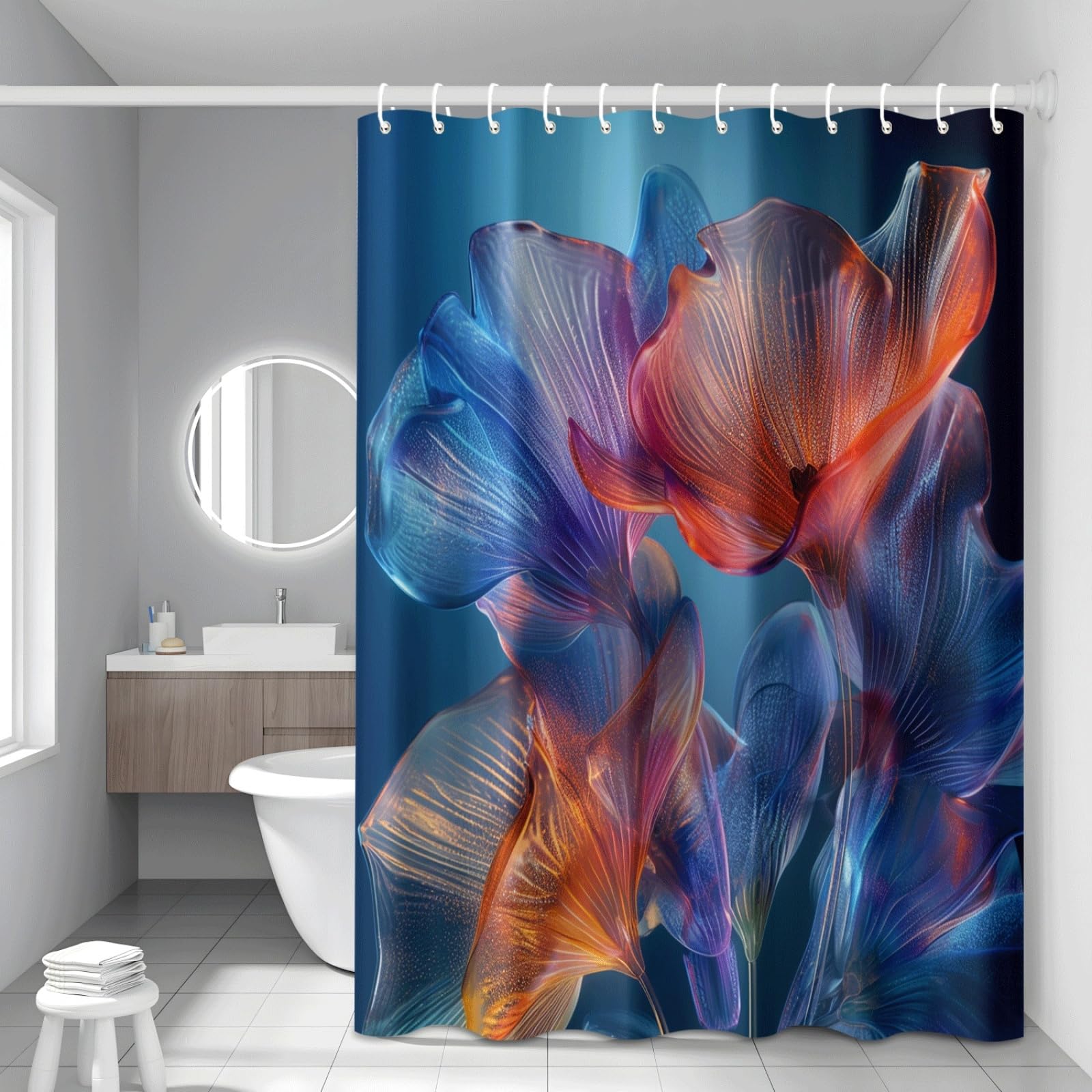 Shower Curtain Abstract Red Blue Mould Resistant Shower Curtains for Bathroom Washable Polyester Bathroom Curtains Decor Wet Room Quick Dry Anti Mould Bath Curtain with 12 Hooks 200x240cm