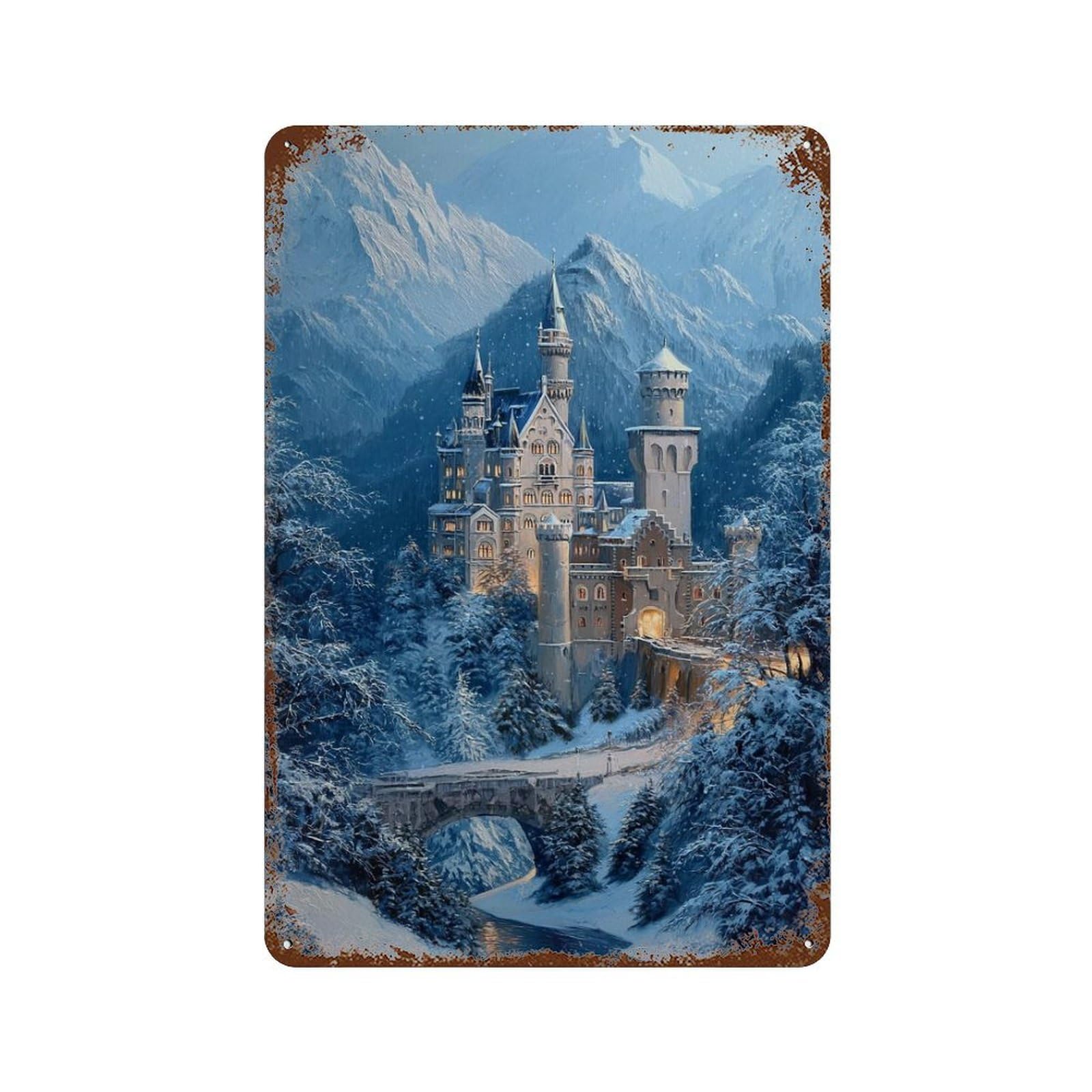 Winter Wonderland Castle Scene Retro Metal Sign 11.8"x7.9", Industrial Home Decor for Garage, Pub Or Kitchen