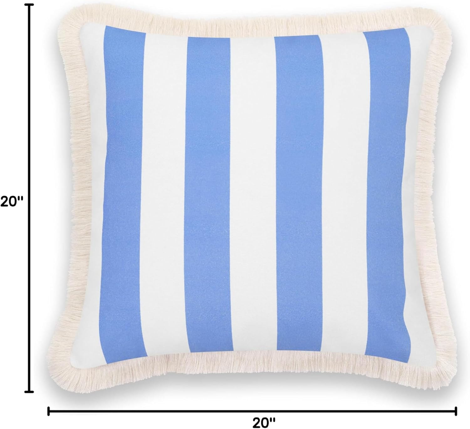 Hofdeco Premium Coastal Patio Indoor Outdoor Pillow Cover Only, 20"x20" Water Repellent for Backyard, Couch, Cornflower Blue Stripe Fringe