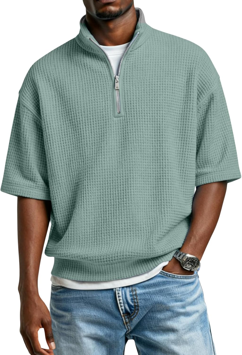 Ymosrh Mens Summer Polo Shirt Short Sleeve Quarter Zip Waffle Knit Business Casual Golf Work Shirts, S-4XL