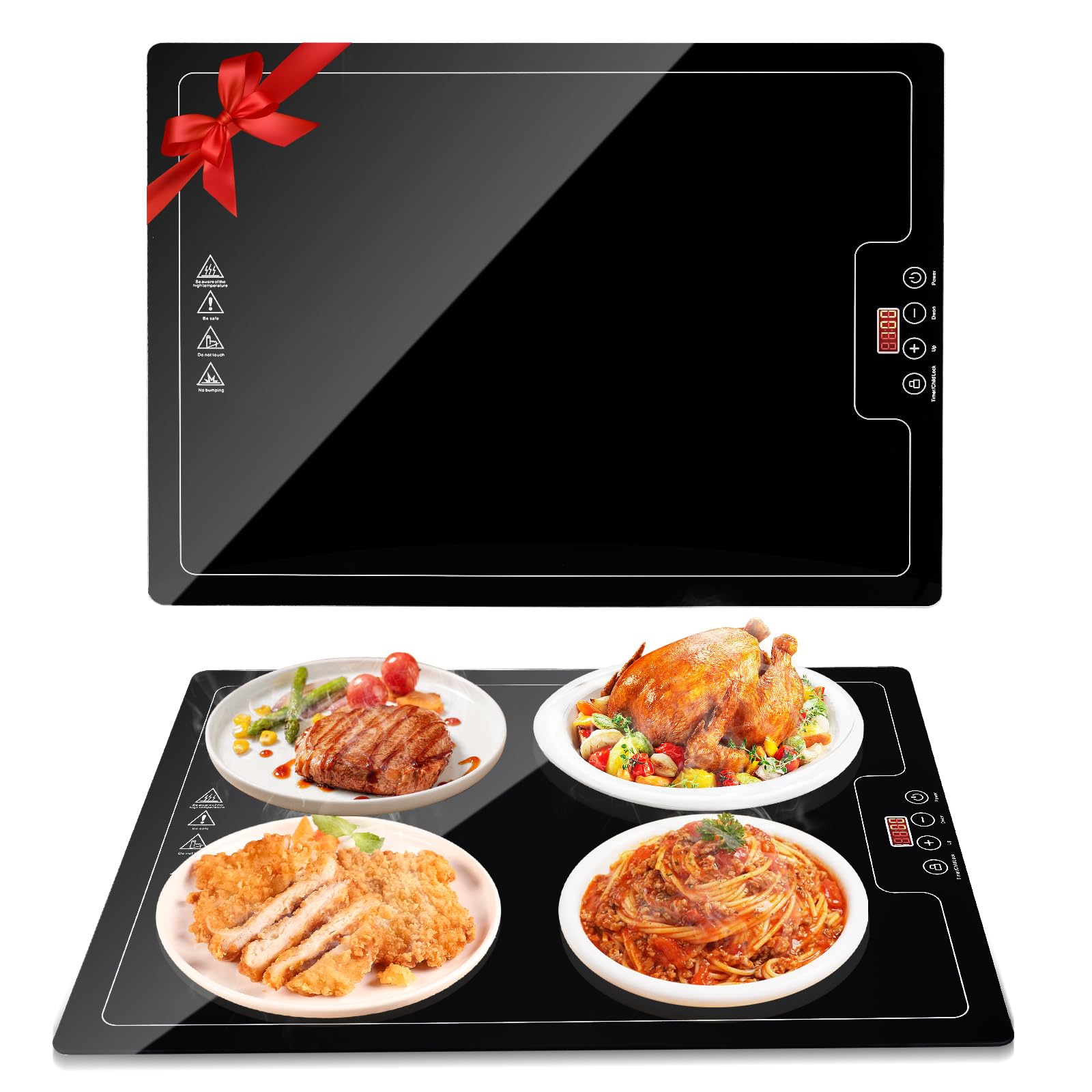 electric heat warming tray, 20"x15" full surface mat warmer with thermostat, digital display,support 104~284?, timer (30min-24hrs), perfect for parties buffet, countertop, heat-resistant glass