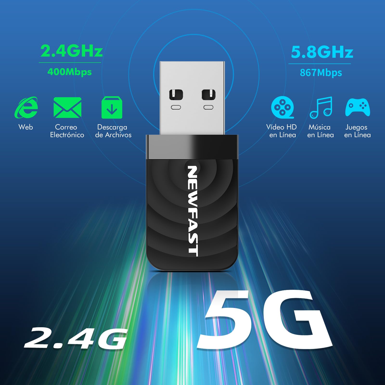 モニュラカ  Wi-FiUSB追加175 NEWFAST AC1300 Adaptador WiFi USB inalámbrico 2.4GHz/5.8GHz Dongle