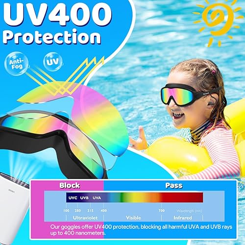 Miniatura 6 de Vvinca Gafas de natación para niños, con tapones para los oídos y clip para la nariz, visión amplia, antivaho y UV, para niños y niñas de 3 a 15
