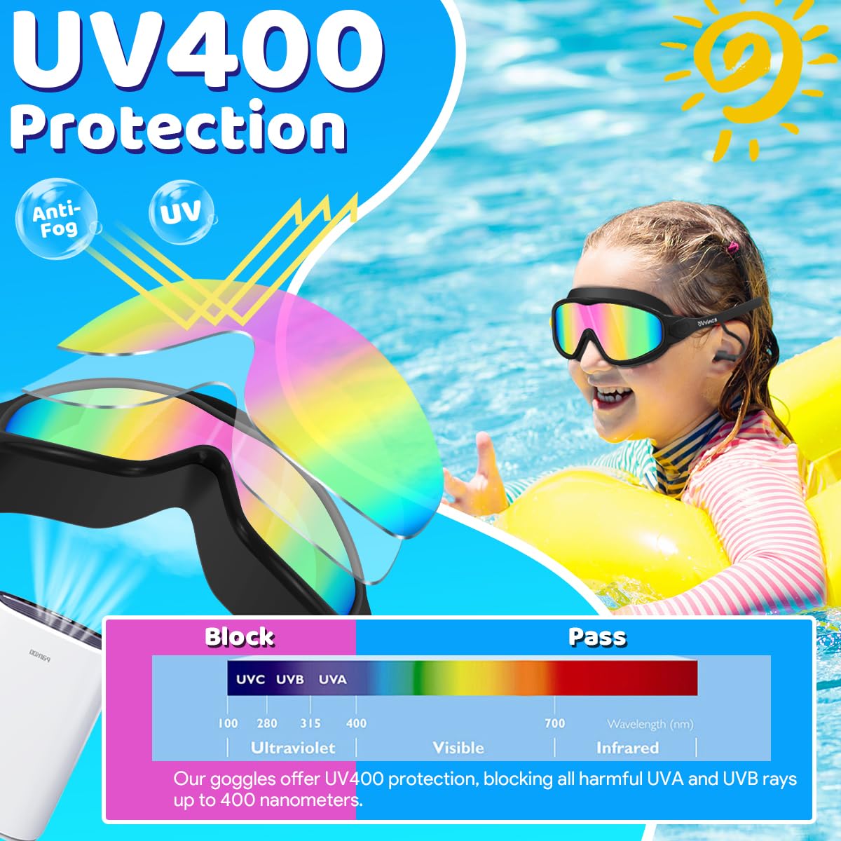 Vvinca Gafas de natación para niños con tapones para los oídos y clip para la nariz, visión amplia, antivaho, gafas de natación UV para niños y niñas de 3 a 15 años