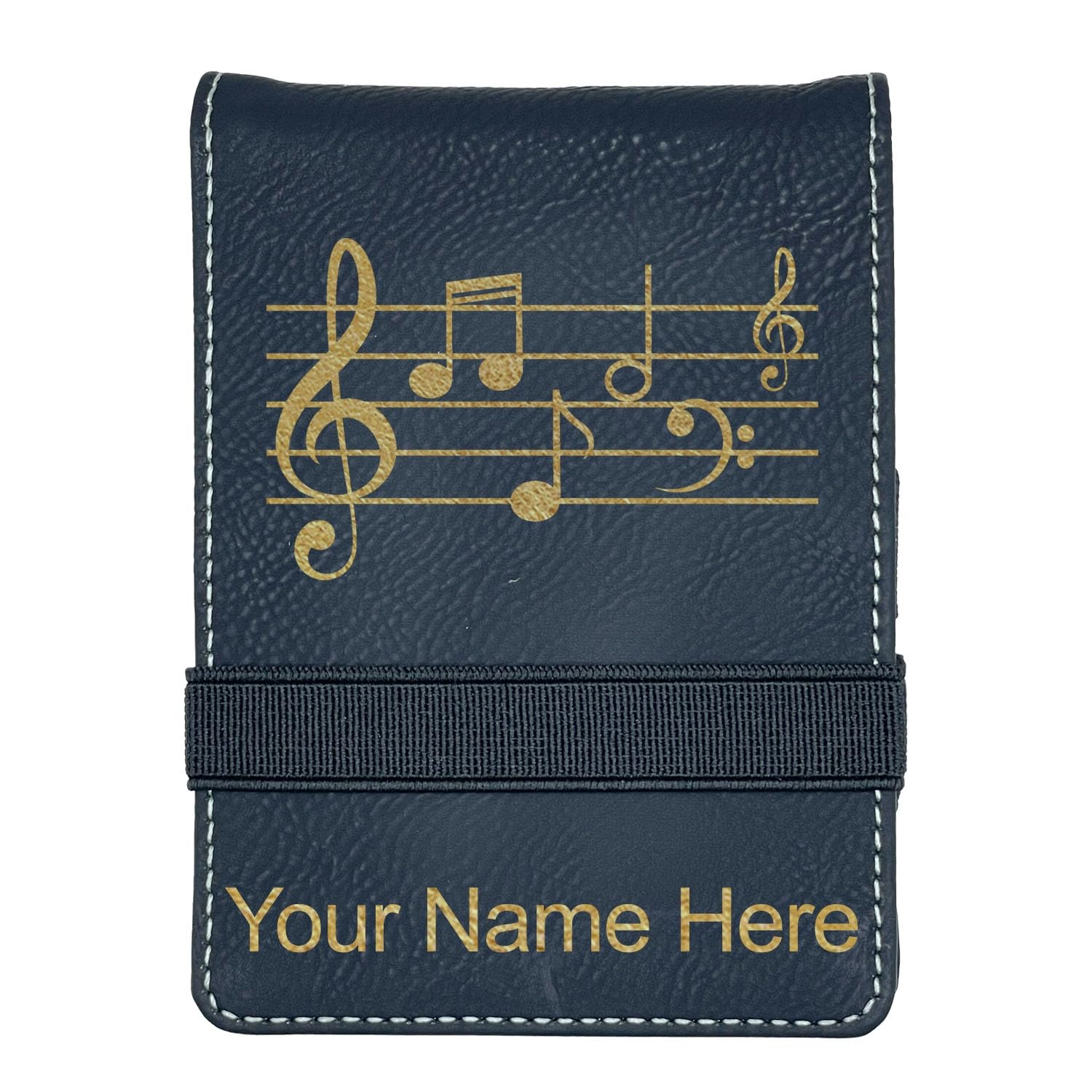 LaserGram Mini Padfolio with Notepad and Pen, Music Staff, Personalized Engraving Included (Black with Gold)