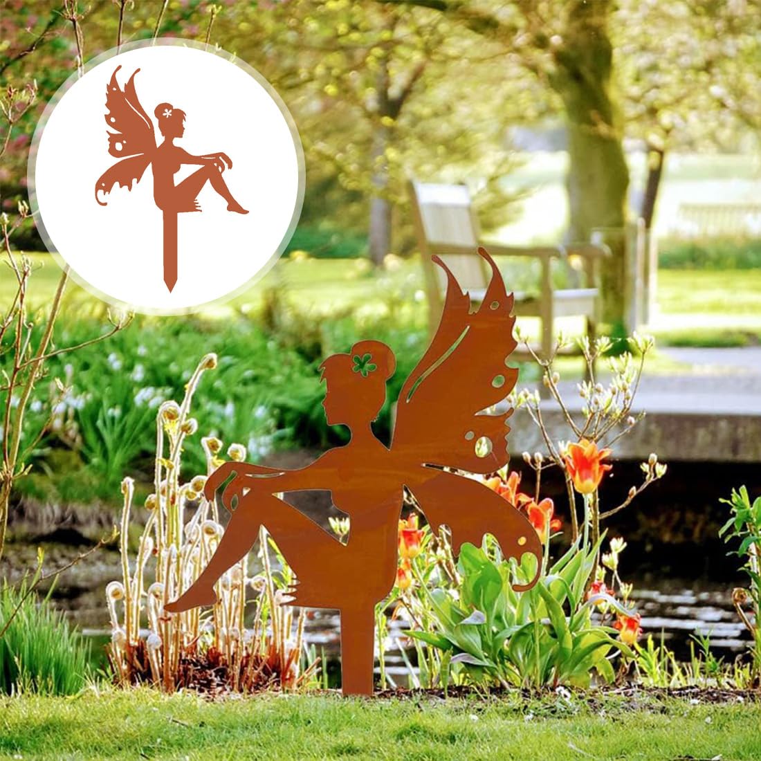 Ensemble de 3 Statuettes de Fées en métal rouillé pour Le Jardin, décorations décoratives avec Elfe Assis sur bâton et Piquet Jardin, Parfait pour embellir Vos espaces extérieurs.