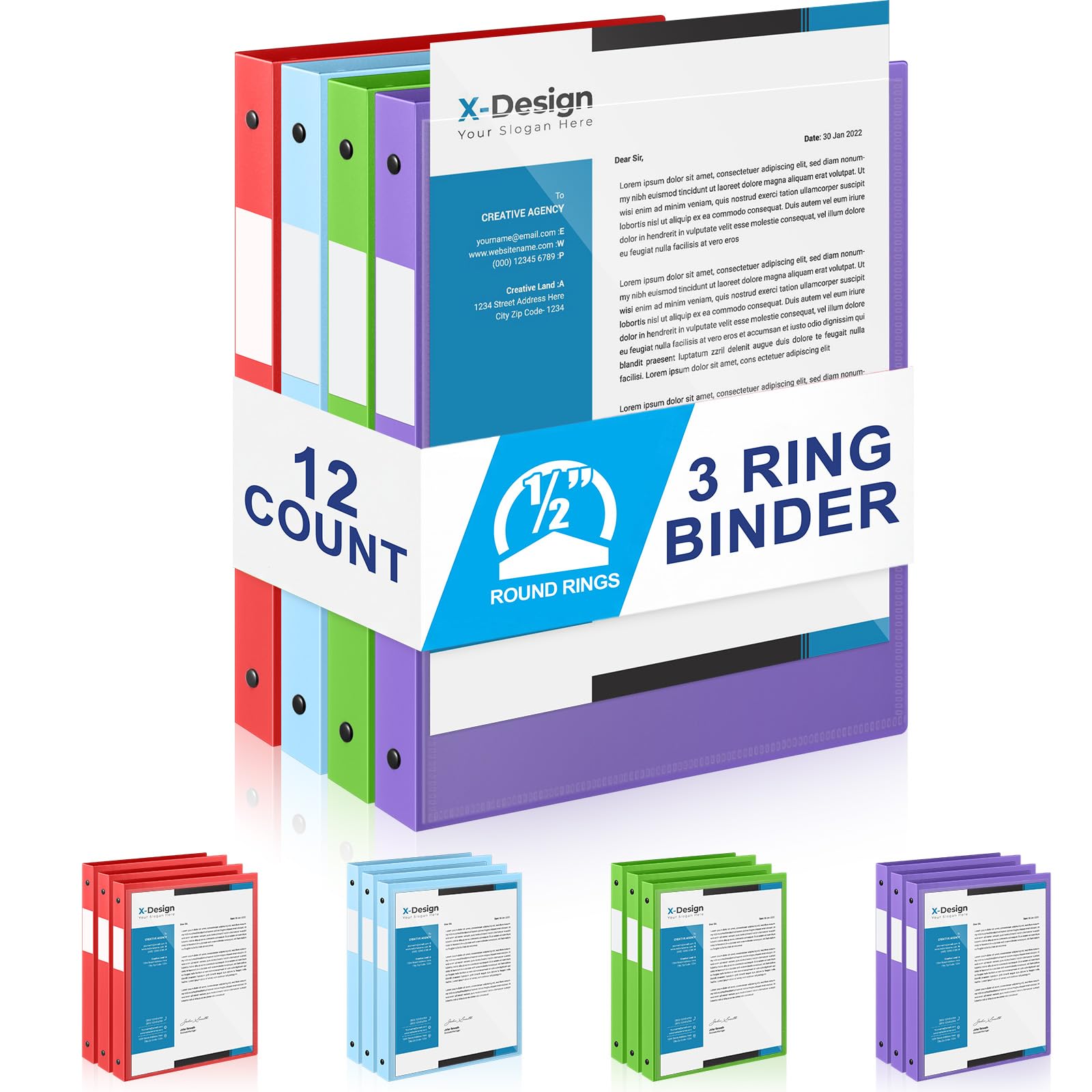Henoyso 12 Pack 1/2 Inch 3 Ring Binder with Clear Cover Fit Letter Size 8.5" x 11" Paper Holds 140 Sheets, Bulk Binders for Organizing School, Office &amp; Classroom Documents, 1 Pocket (Pastel Colors)