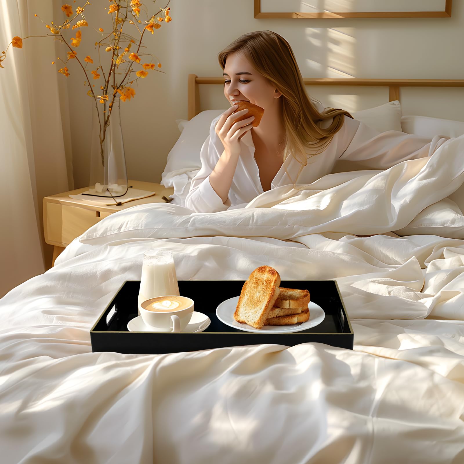 MAONAME Bandeja decorativa negra para mesa de café, moderna bandeja de servir con asas, bandejas de té rectangulares de plástico para otomana, decoración de baño, 15.8 x 10.2 x 1.4 pulgadas