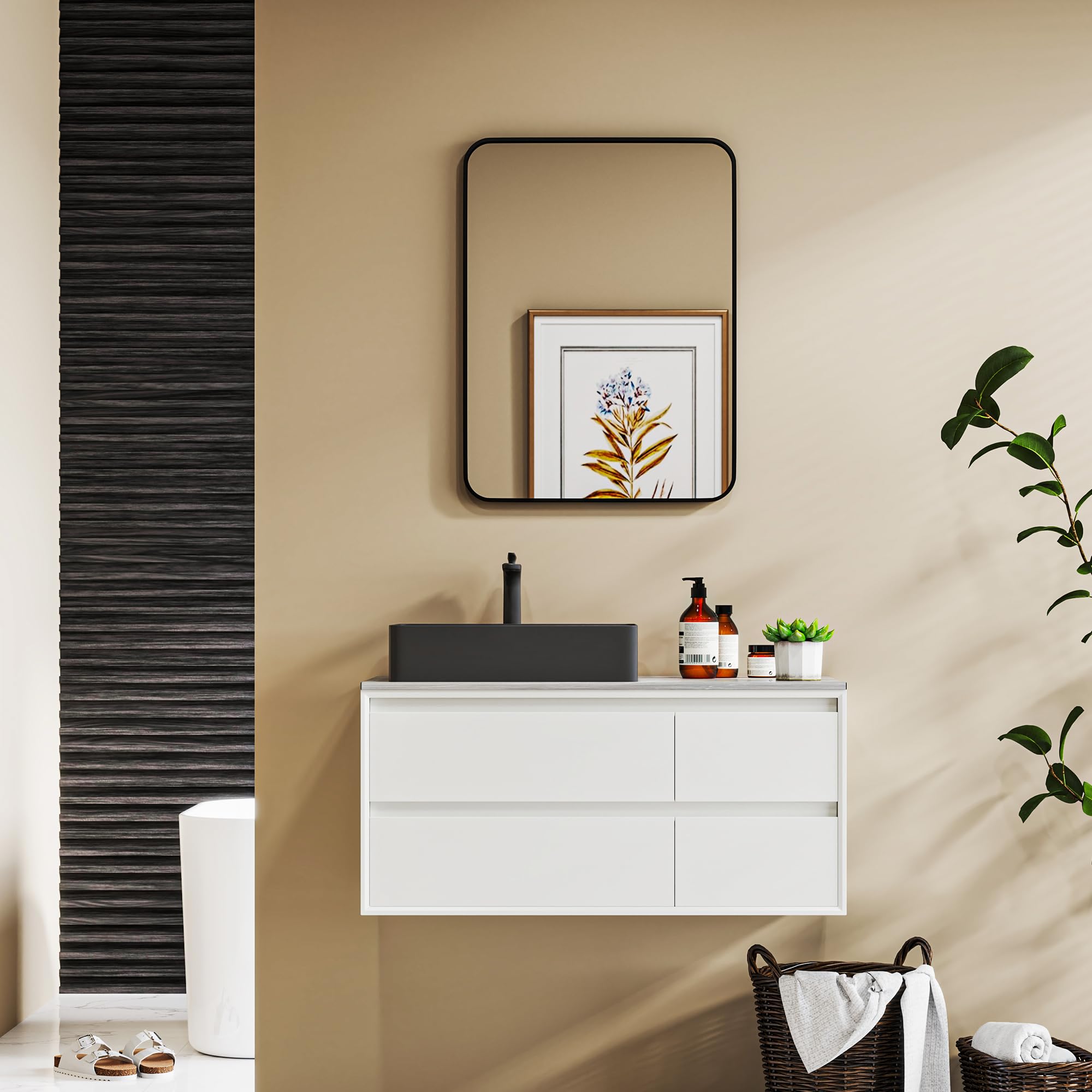 HOMCOM Espejo de Baño 60x90 cm Decorativo con Marco de Metal Negro | Espejo de Pared, con Gancho, Fácil Instalación, para Salón Entrada Pasillo