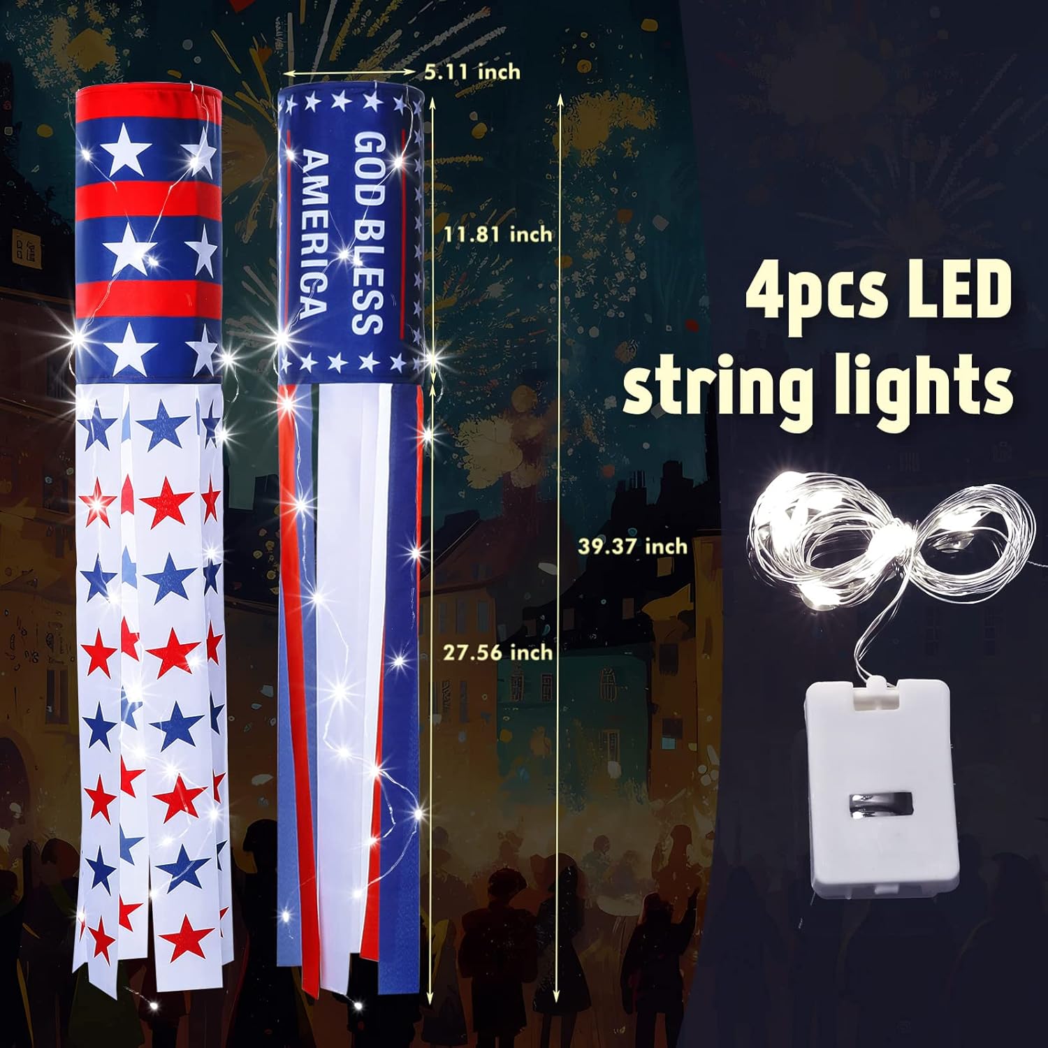 Frienda 4 Pack 40" American Flag Windsock with LED Lights 4th of July Decorations 250th Anniversary Red White Blue USA Patriotic Windsock Waterproof for Memorial Day Independence Day Outdoor Decor