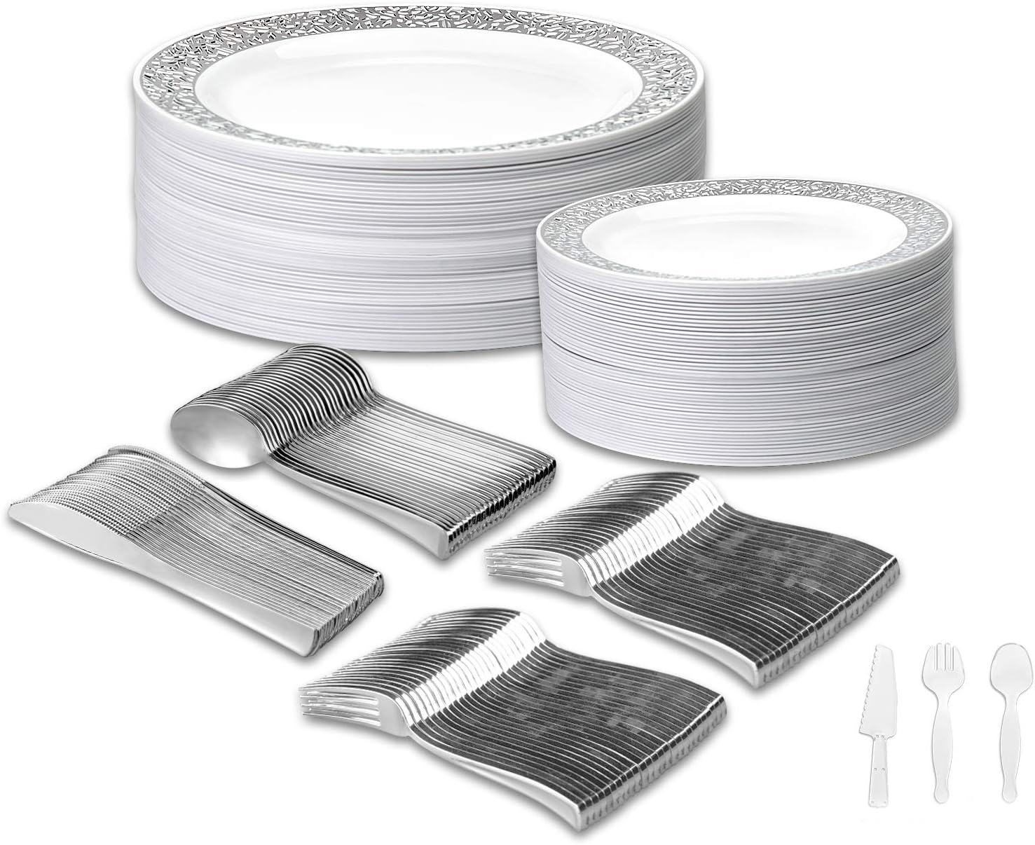 Disposable Wedding Dinnerware Set 303pc/50 Guest Silver Premium | 50 Dinner Plates, 50 Dessert Plates, 100 Forks, 50 Spoons, 50 Knives, 3pc Serving Set (50 Guest Set, Silver)