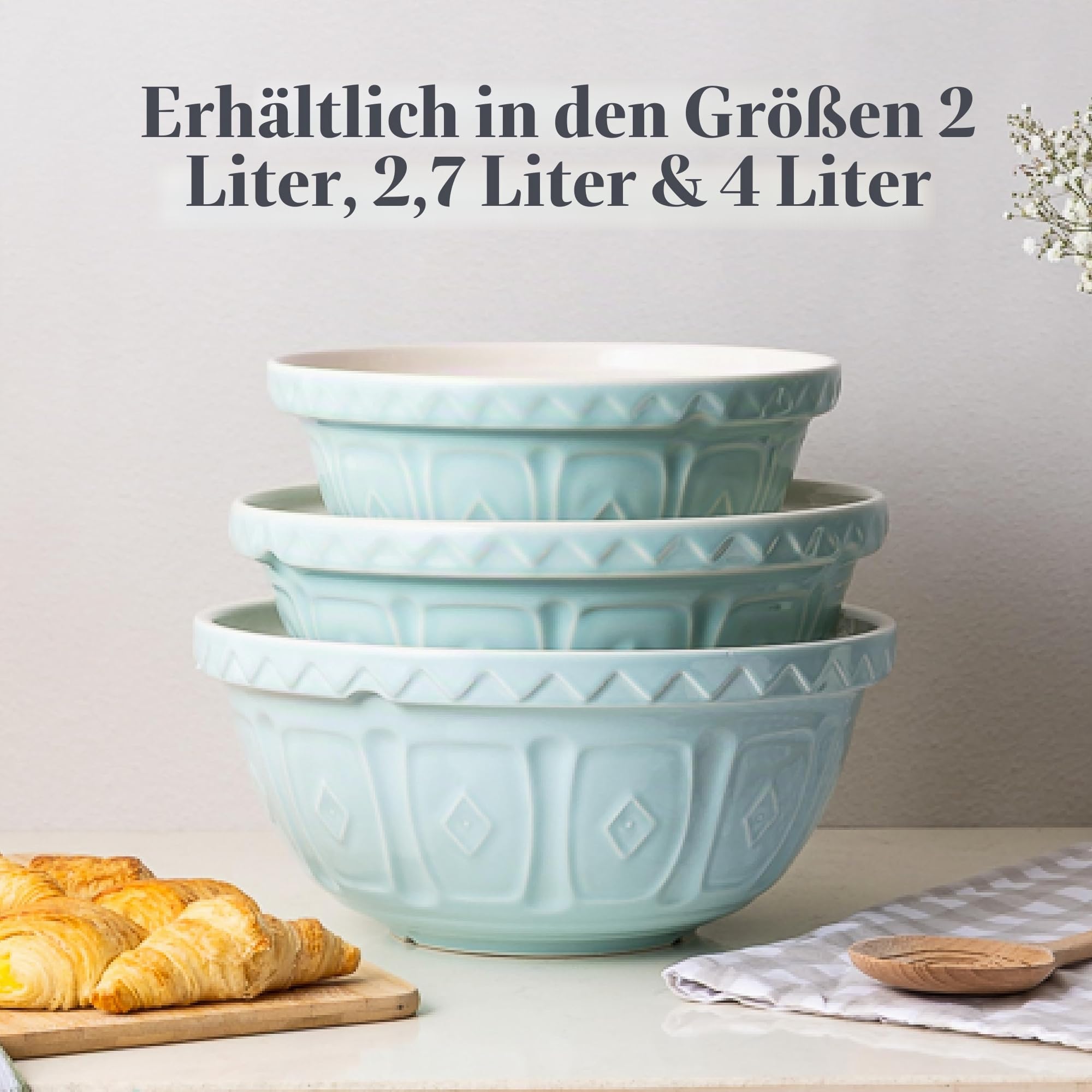 Mason Cash Rührschüssel 4 Liter, hellblaues Steingut, splitterresistent | Backschüssel, konische Teigschüssel, für Brot- und Kuchenteig, spülmaschinenfest, langlebig, robust, 1,59 kg