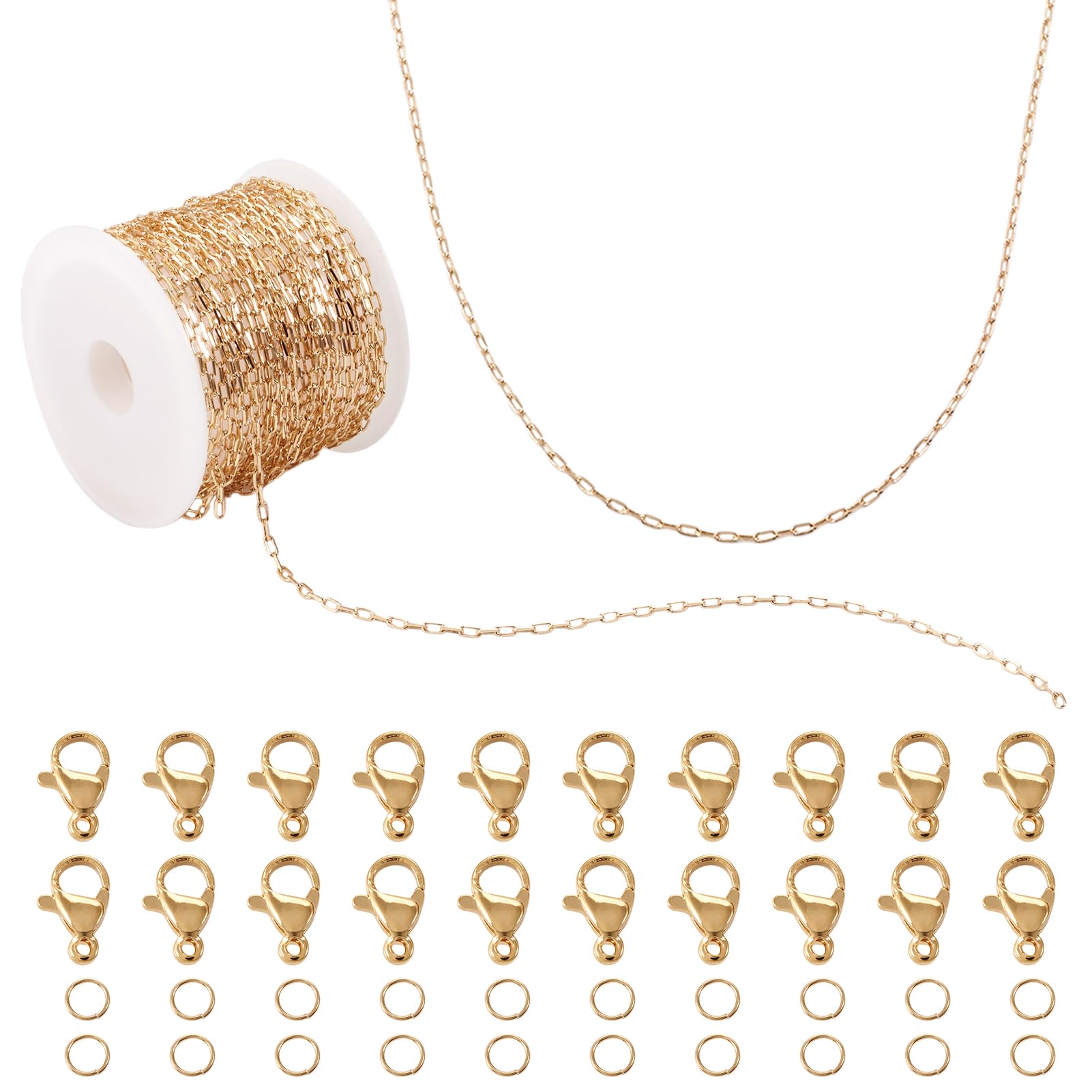 PandaHall 5m Gold Plated Necklace Chain Brass Cable Link Chains Oval Paperclip Chains with Lobster Claw Clasps Jump Rings for Jewelry Making