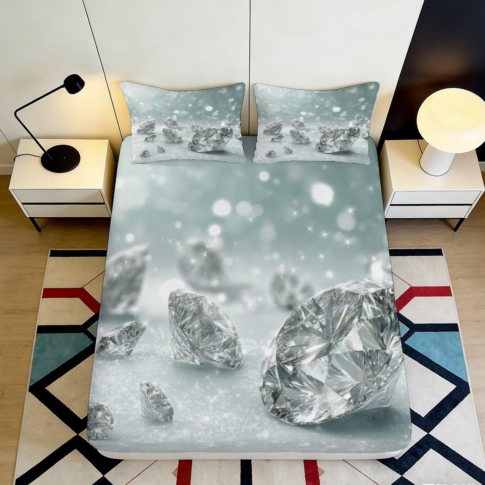 3D Printed Diamond Pattern Fitted Sheet Microfiber Soft Breathable Sparkling Crystal Bed Cover for Bedroom Dormitory Guest Room Mattress Protection 90x200x25cm