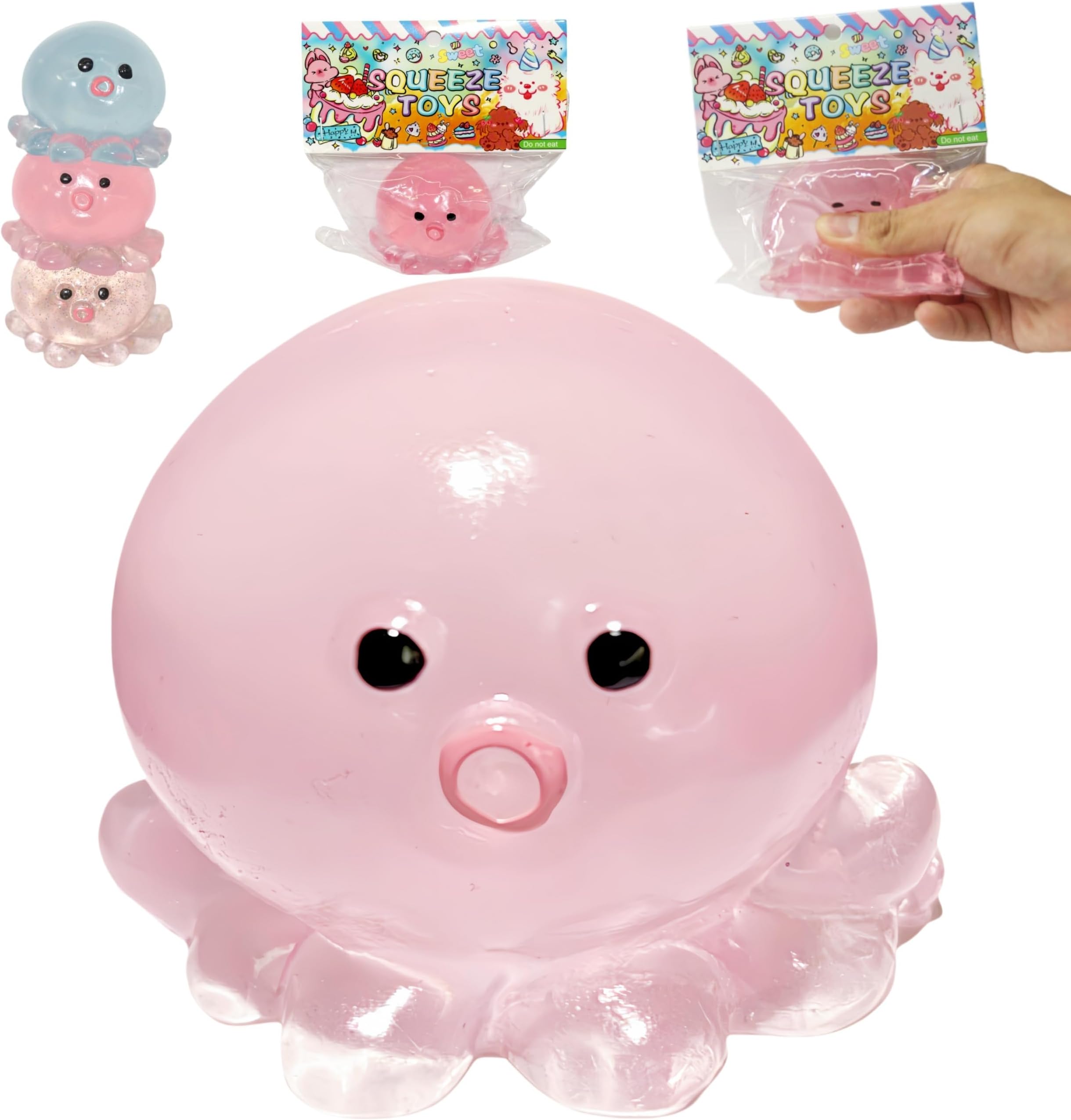 Cute Crystal Sequins Octopus Squeeze Toys, Original Design Sticky Taba Crystal Pink Blue Octopus Squishy Stress Balls (Pink)
