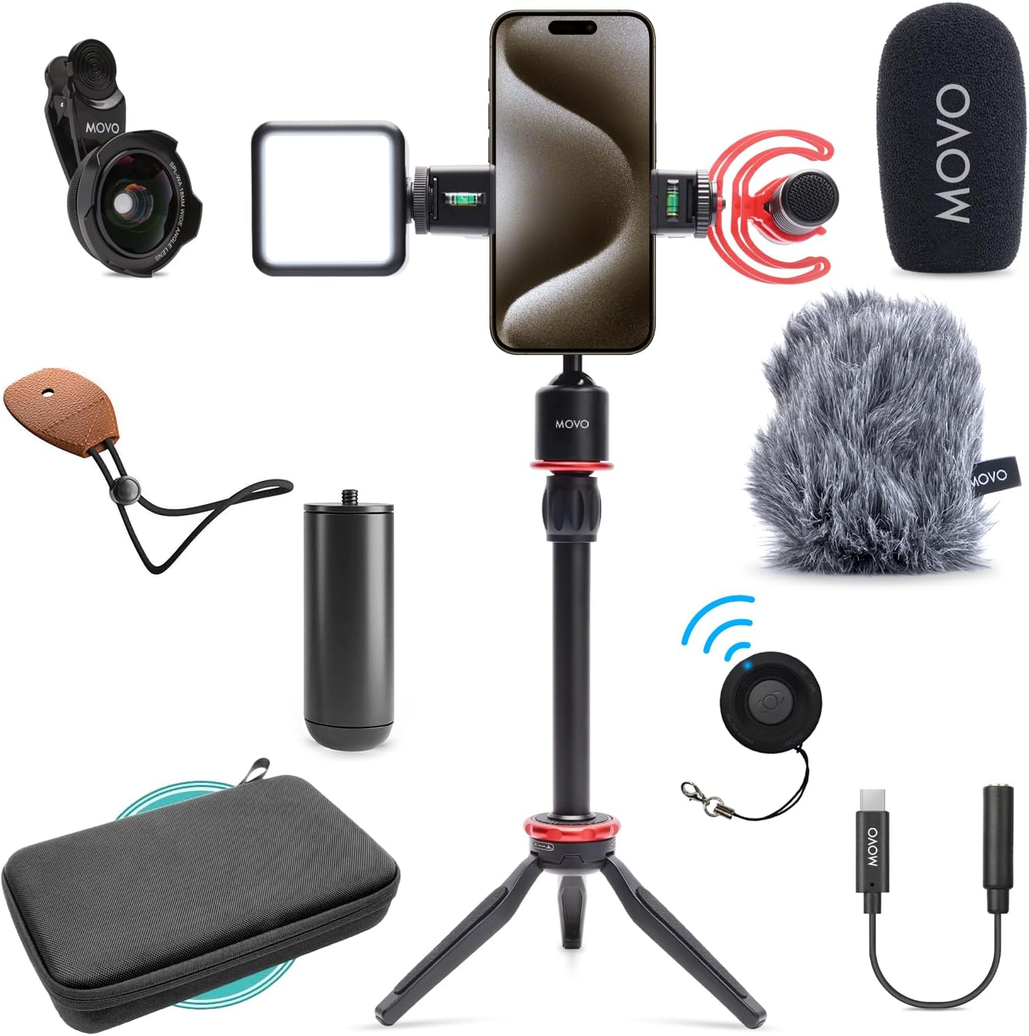 Movo iVlog1-IP Vlogging Kit for iPhone 15/16/17 and up - USB-C Compatible YouTube Starter Kit - with Shotgun Microphone, Mini Tripod, LED Light, Wide-Angle Lens, USB C Adapter, VXR10-PRO
