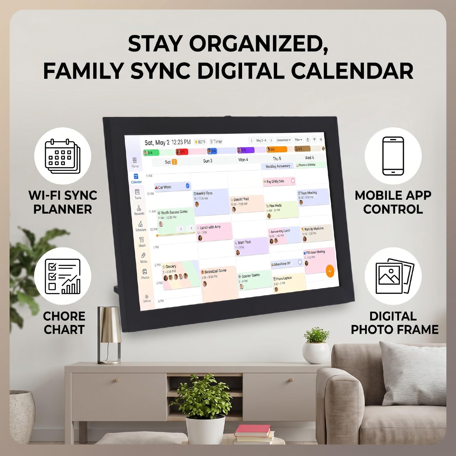 Calendario Digitale Intelligente, Touch Screen da 10,1 Pollici | Agenda familiare, tabella dei lavori, cornice per foto, sincronizzazione WiFi, organizer da parete, per il coordinamento